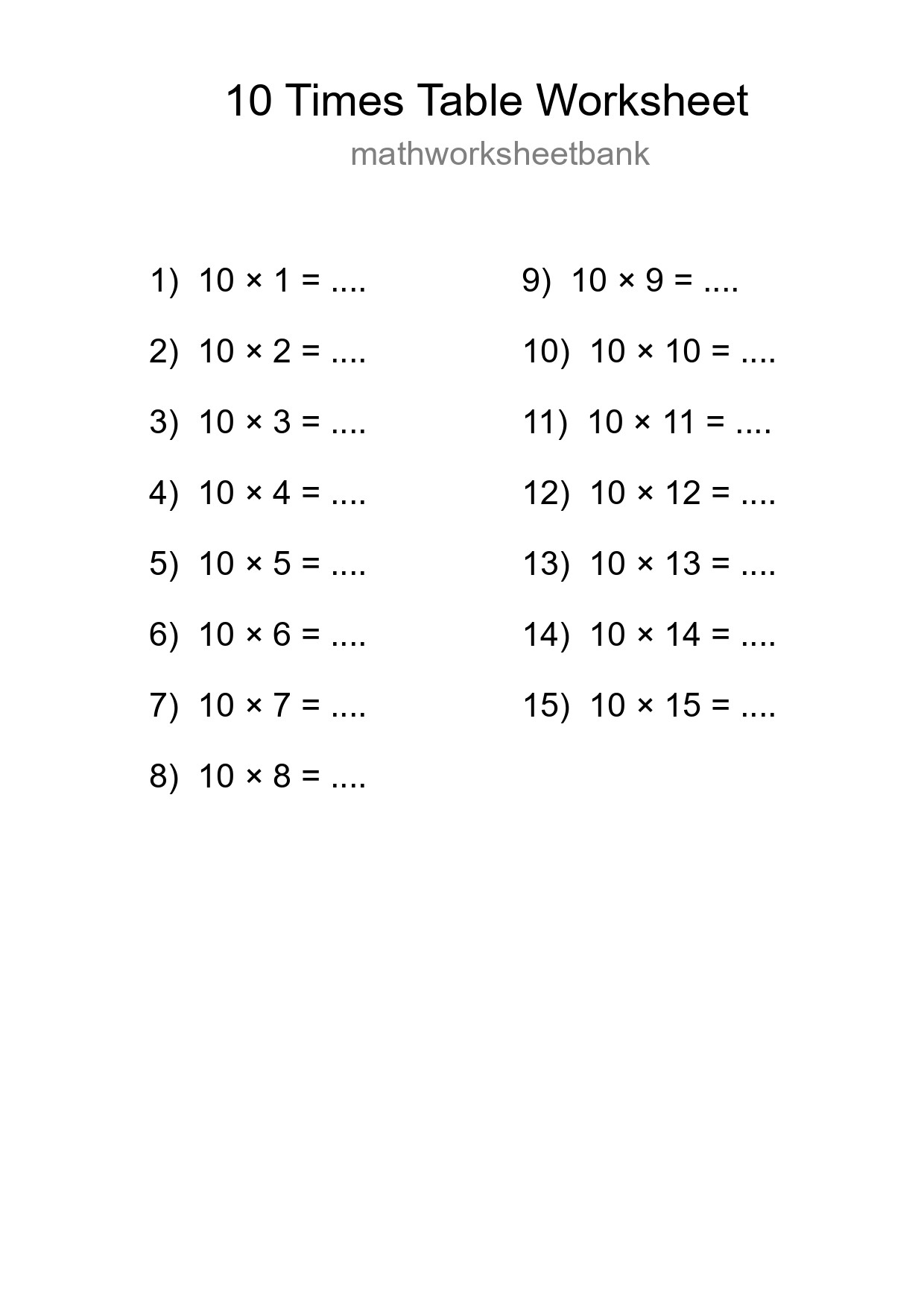 10 Times Table Worksheet For Grade 3 - Part 249