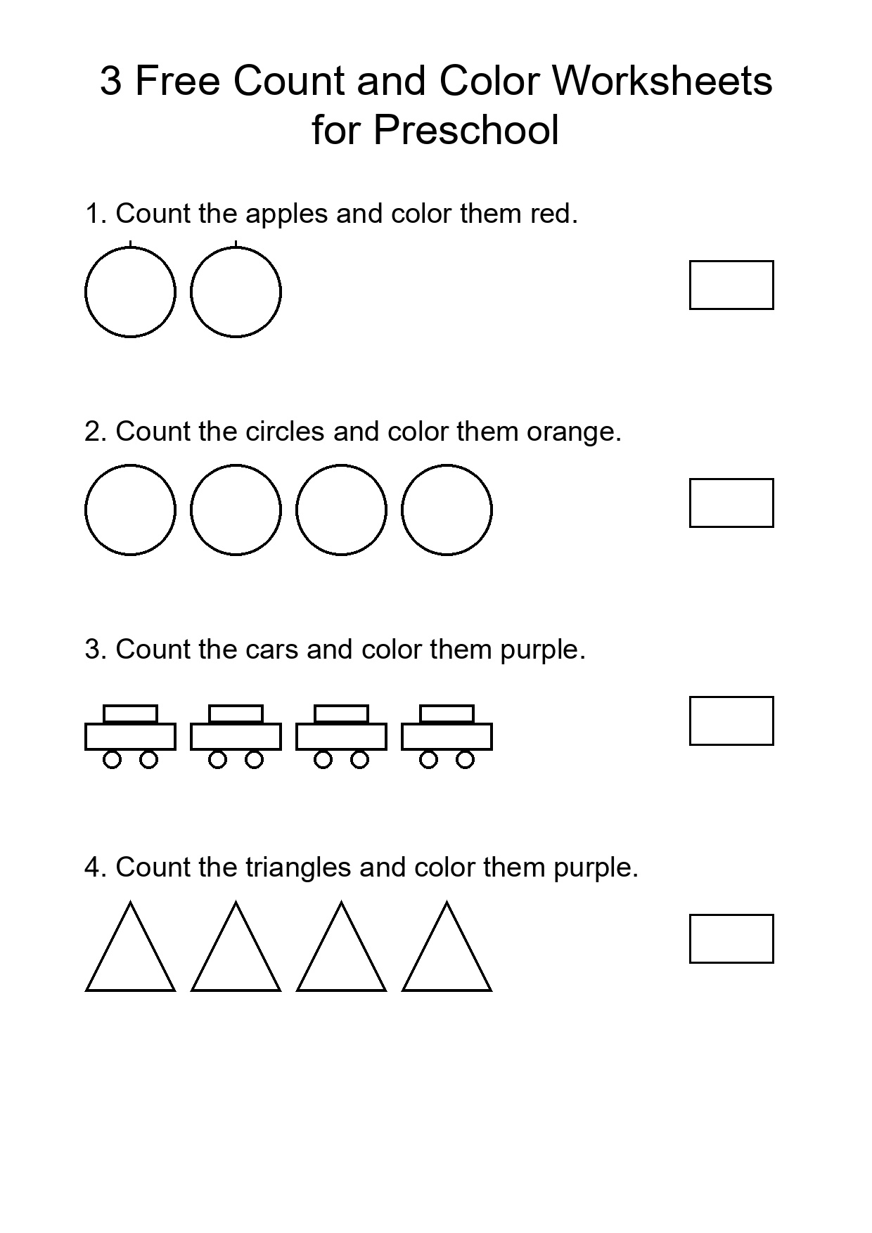 3 Free Count and Color Worksheets for Preschool