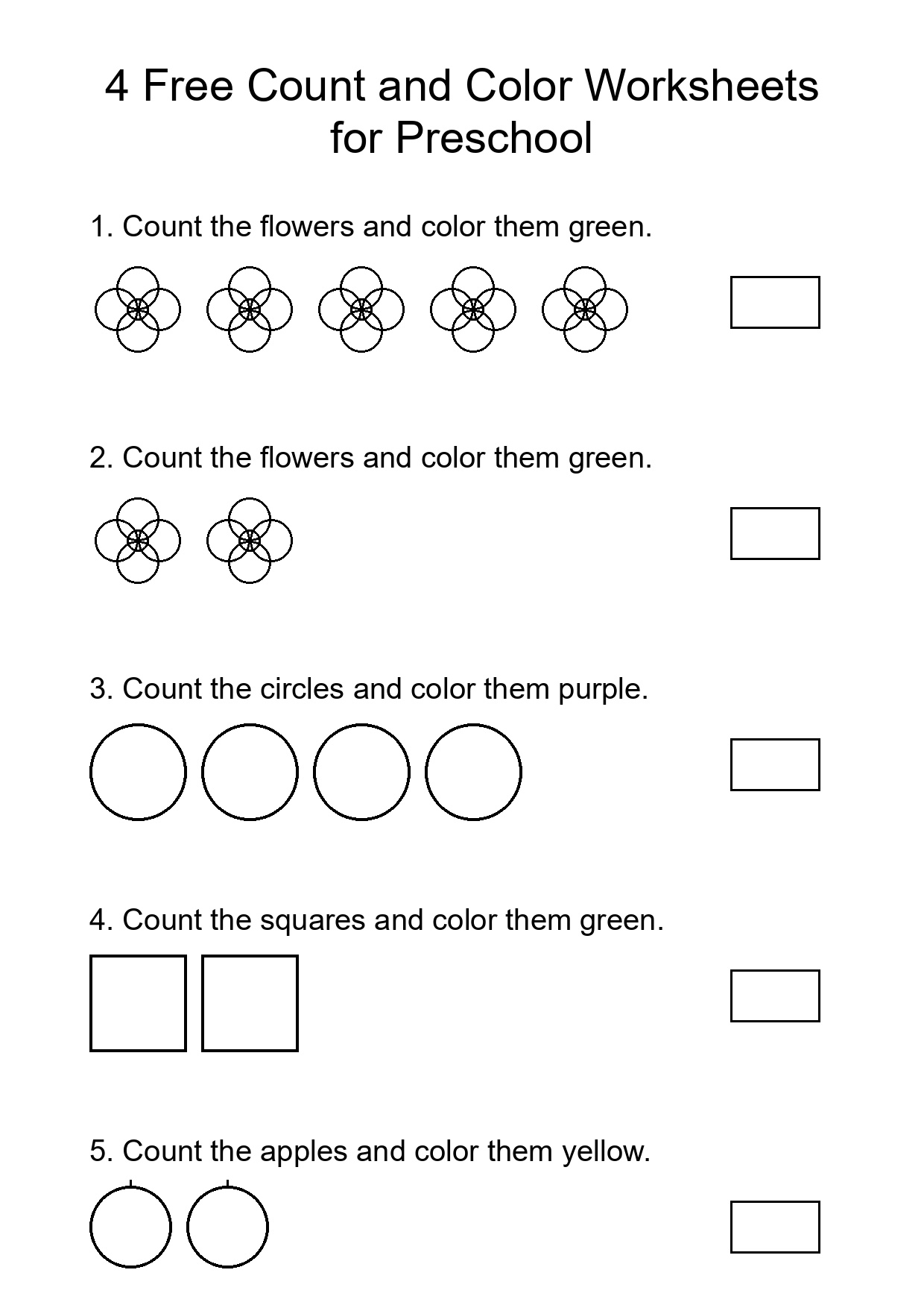 4 Free Count and Color Worksheets for Preschool