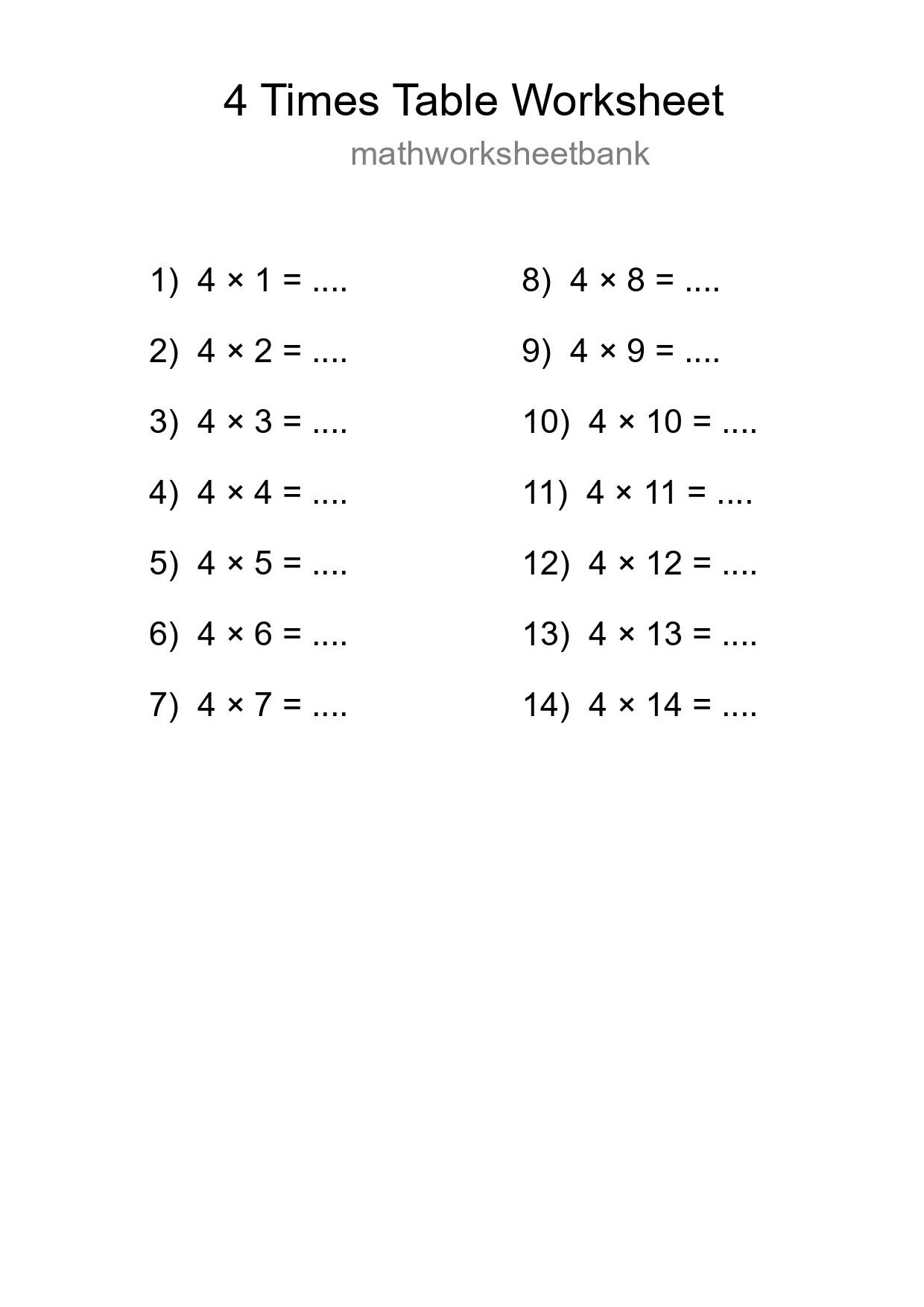4 Times Table Worksheet For Grade 2 With Answers - Part 179