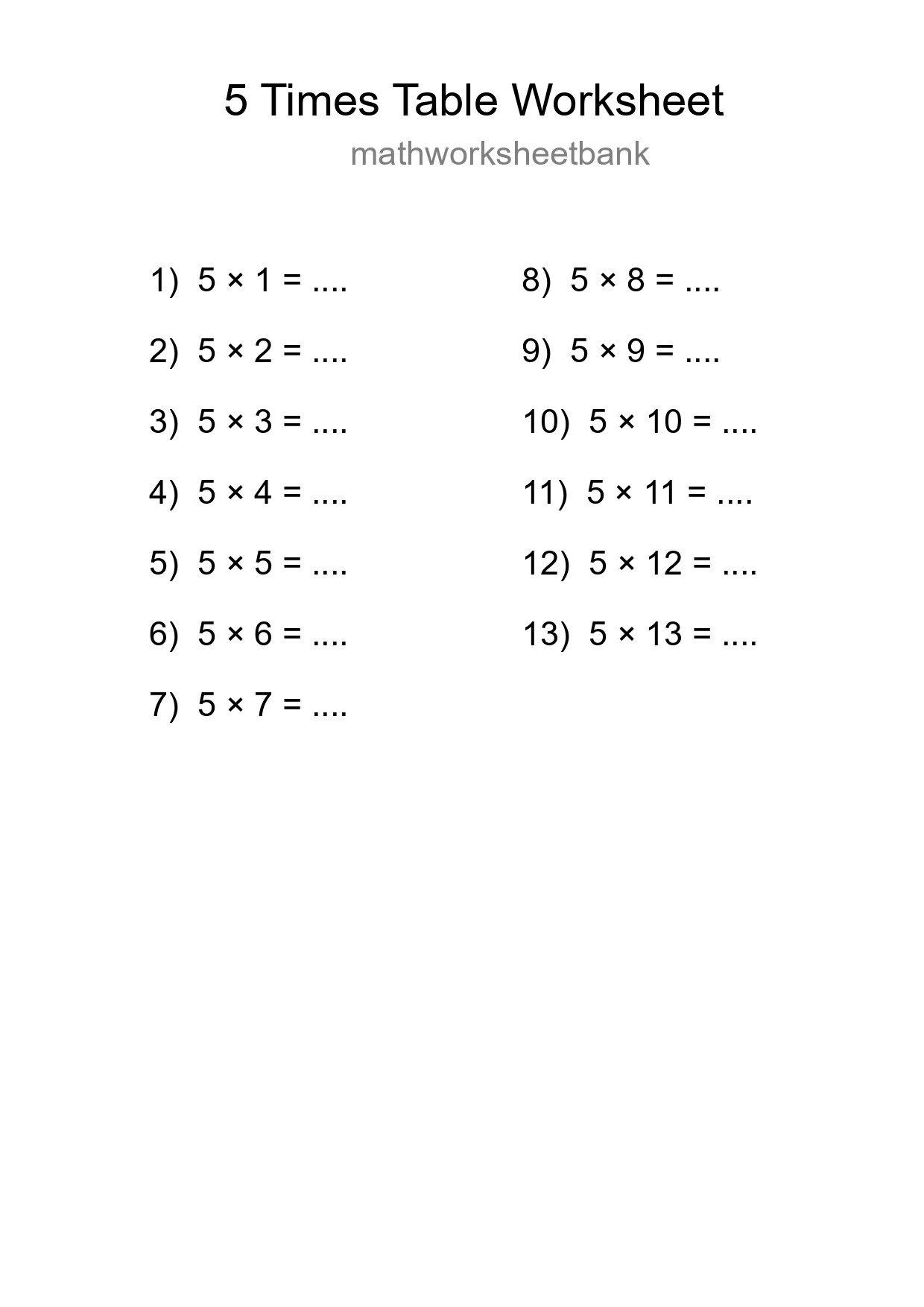 5 Times Table Worksheet For Grade 2 With Answers - Part 139