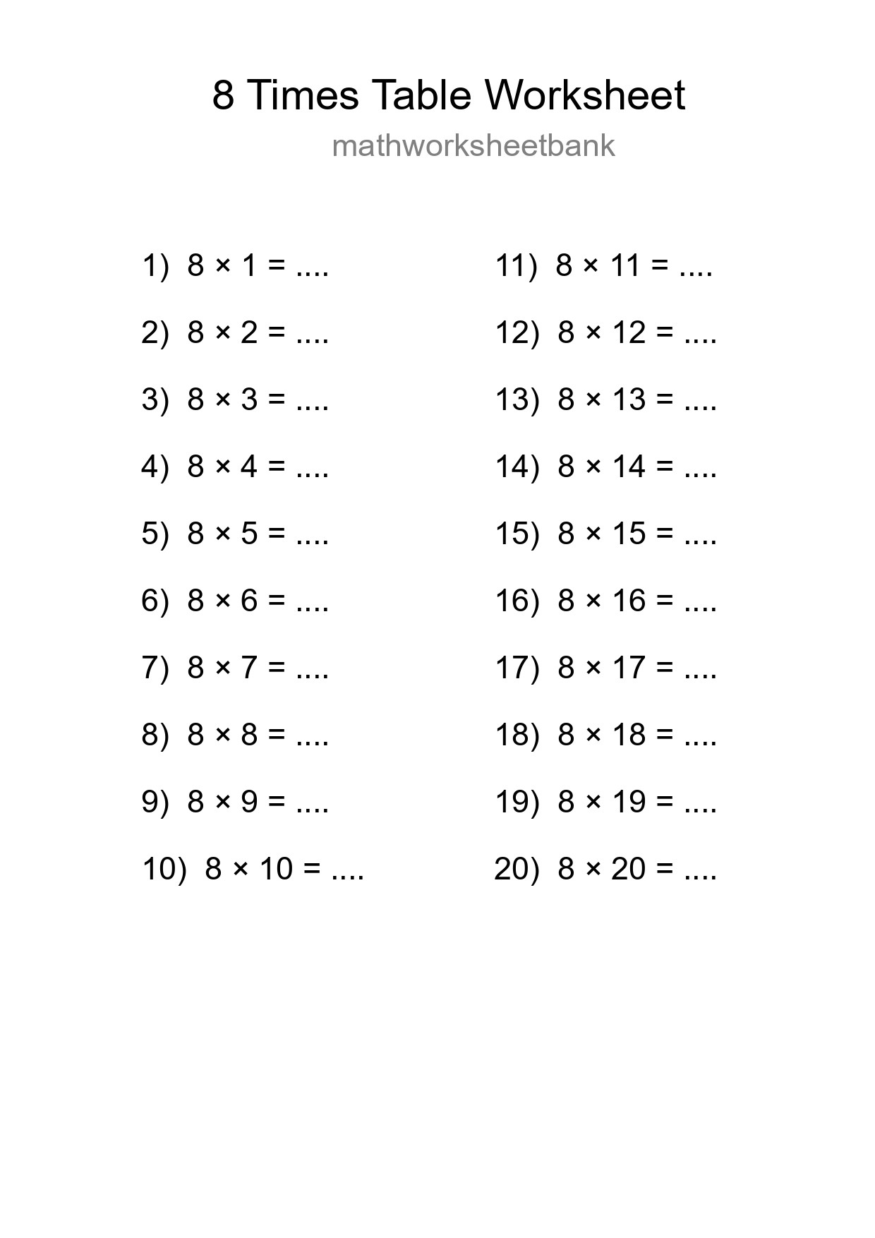 8 Times Table Worksheet For Grade 3 - Part 239