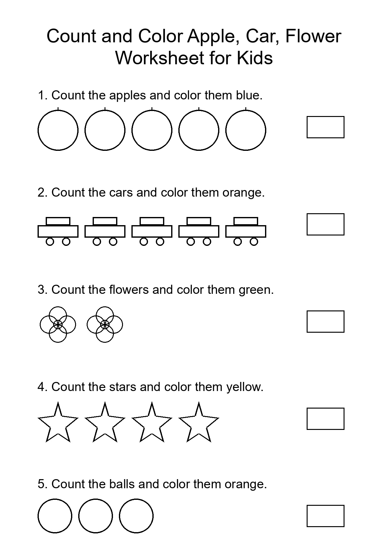 Count and Color Apple, Car, Flower Worksheet for Kids