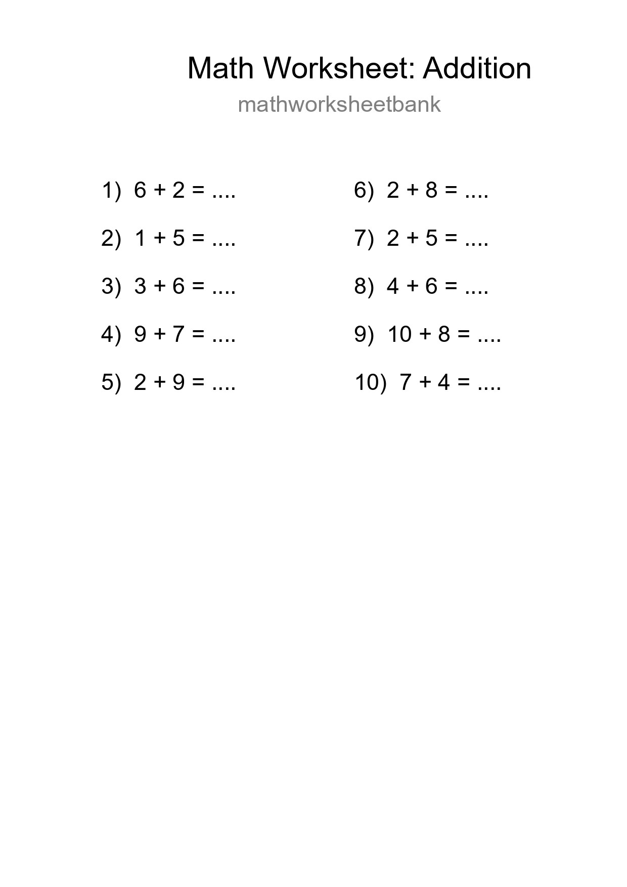 Free 10 Addition Math Worksheet For Grade 1 - Part 61
