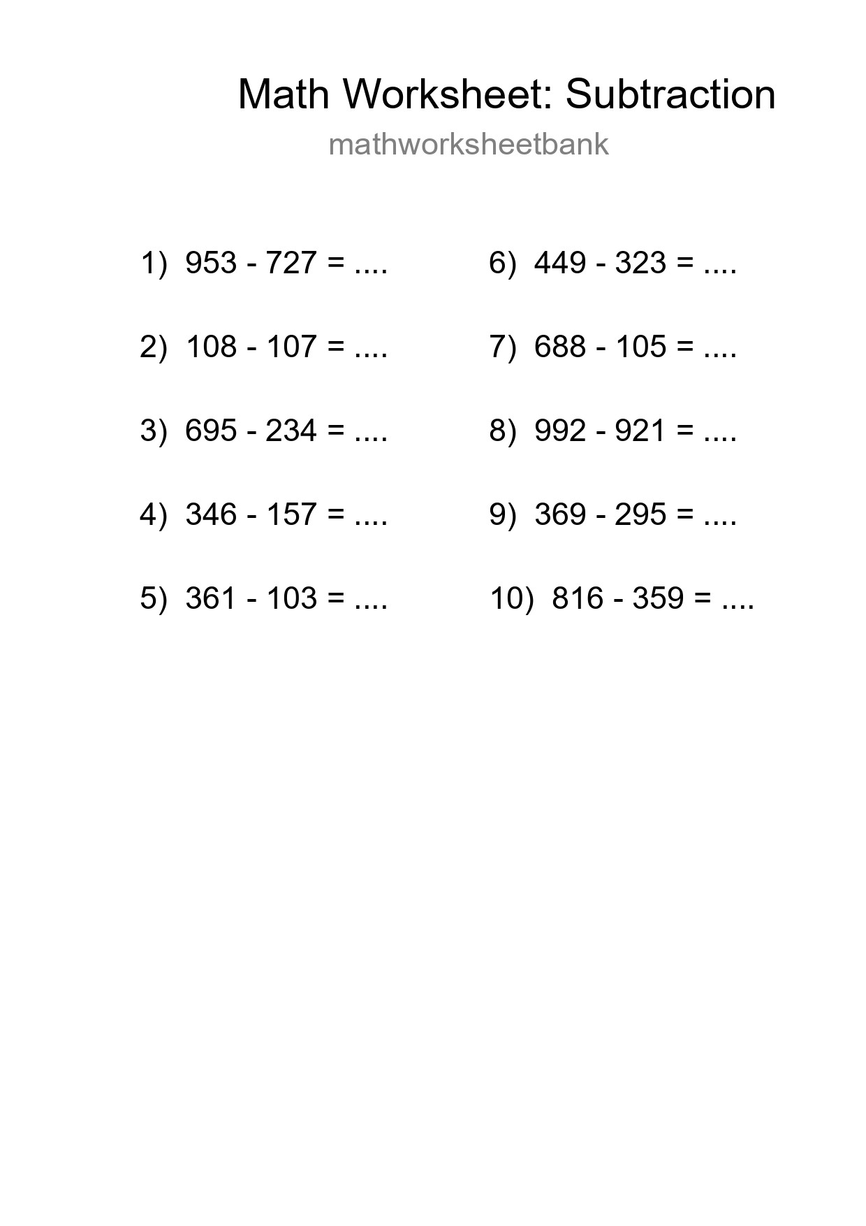 Free 10 Subtraction Math Worksheet For Grade 5 With Answers - Part 178