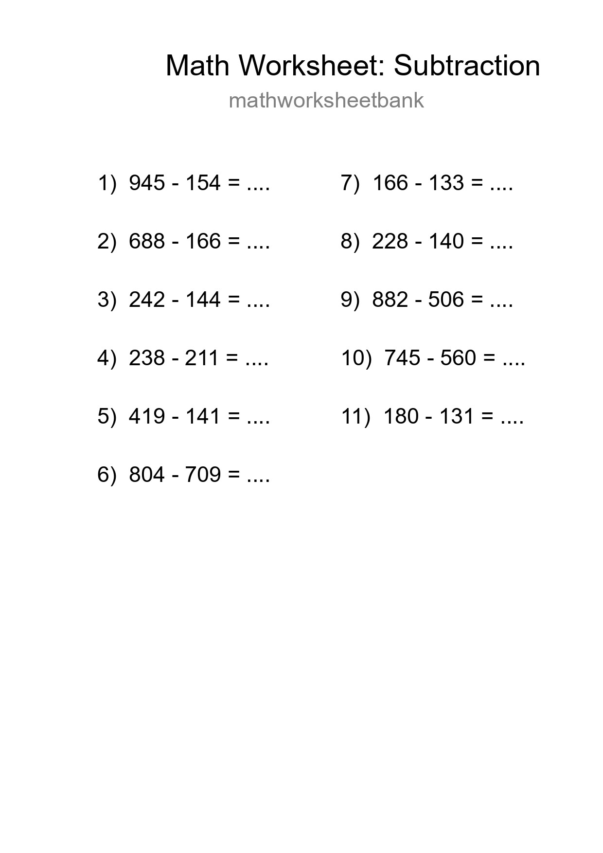 Free 11 Subtraction Math Worksheet For Grade 5 With Answers - Part 88