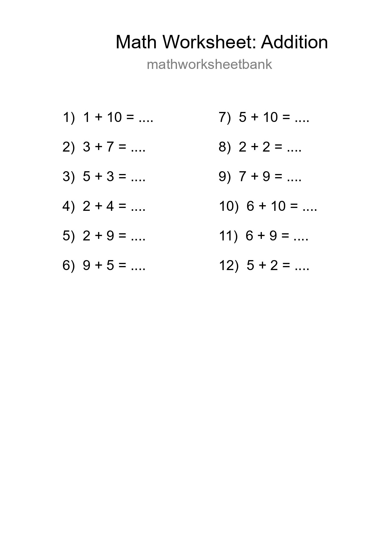 Free 12 Addition Math Worksheet For Grade 1 - Part 281