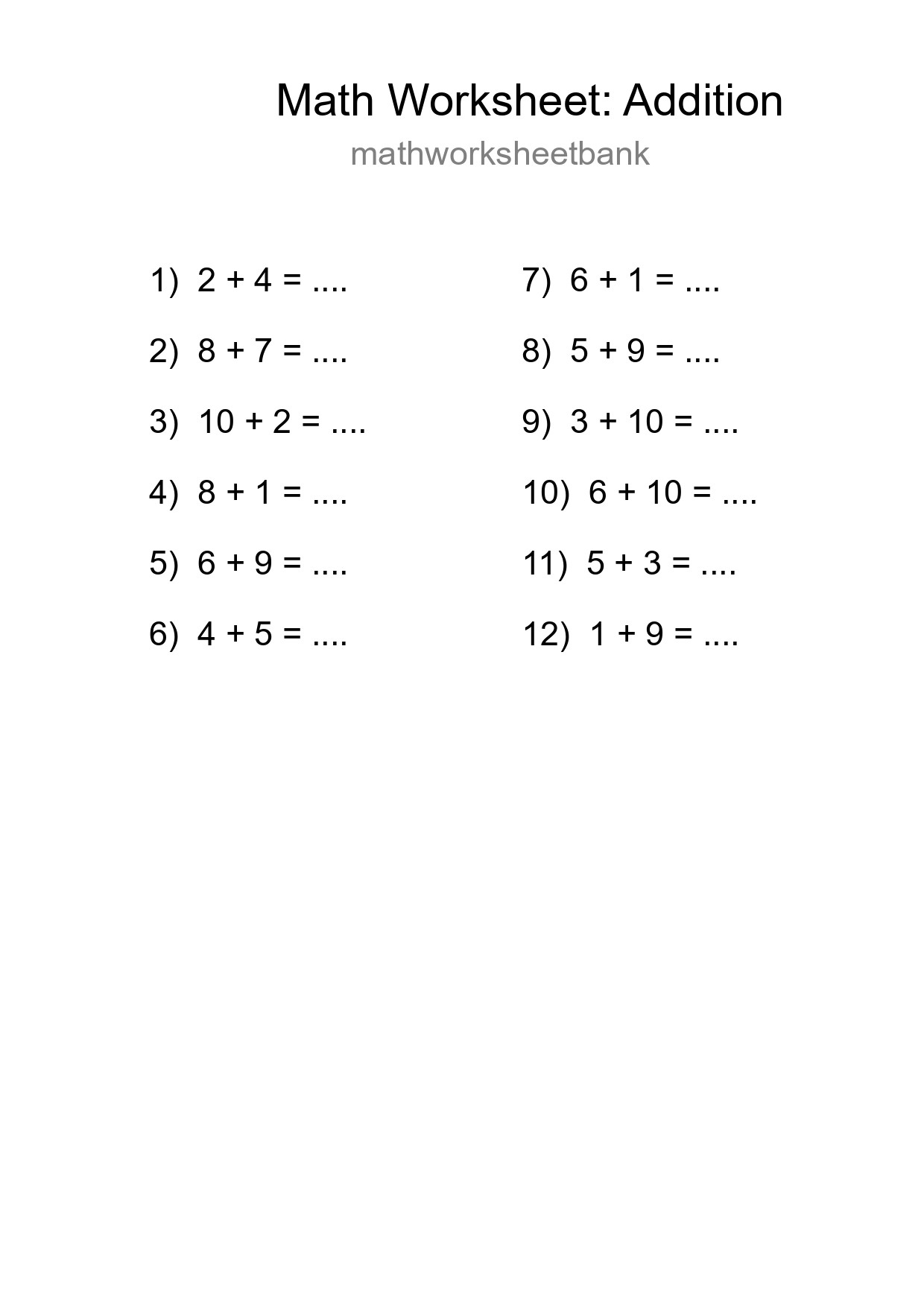 Free 12 Addition Math Worksheet For Grade 1 With Answers - Part 161