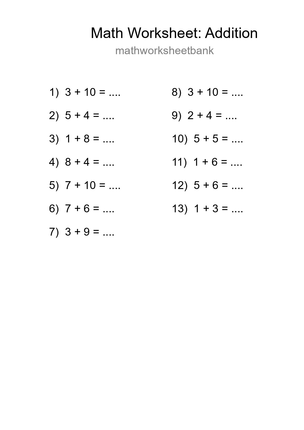 Free 13 Addition Math Worksheet For Grade 1 - Part 91