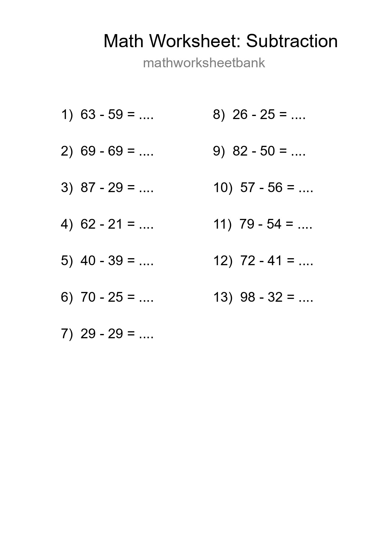 Free 13 Subtraction Math Worksheet For Grade 3 With Answers - Part 98