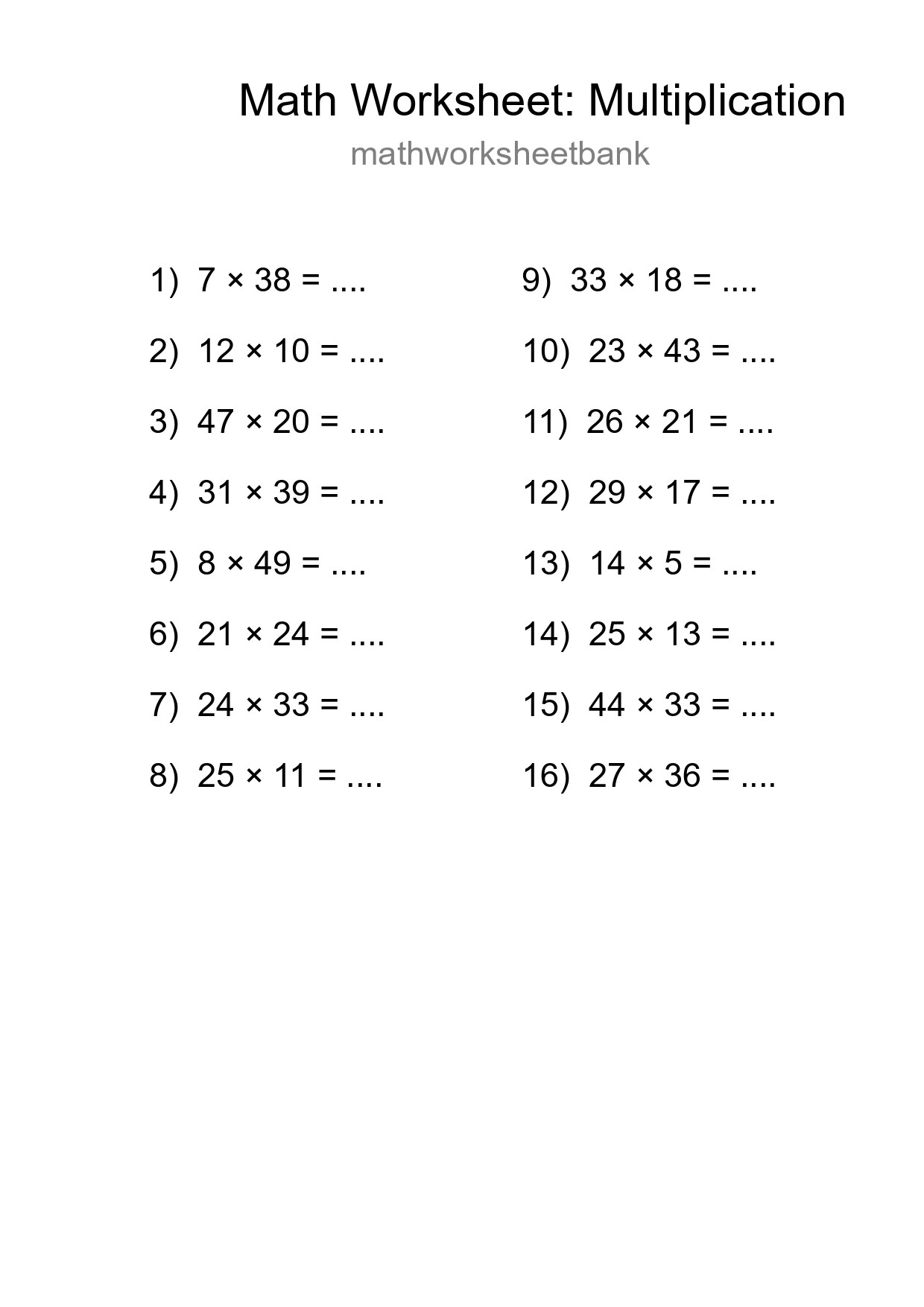 Free 16 Multiplication Math Worksheet For Grade 2 - Part 297