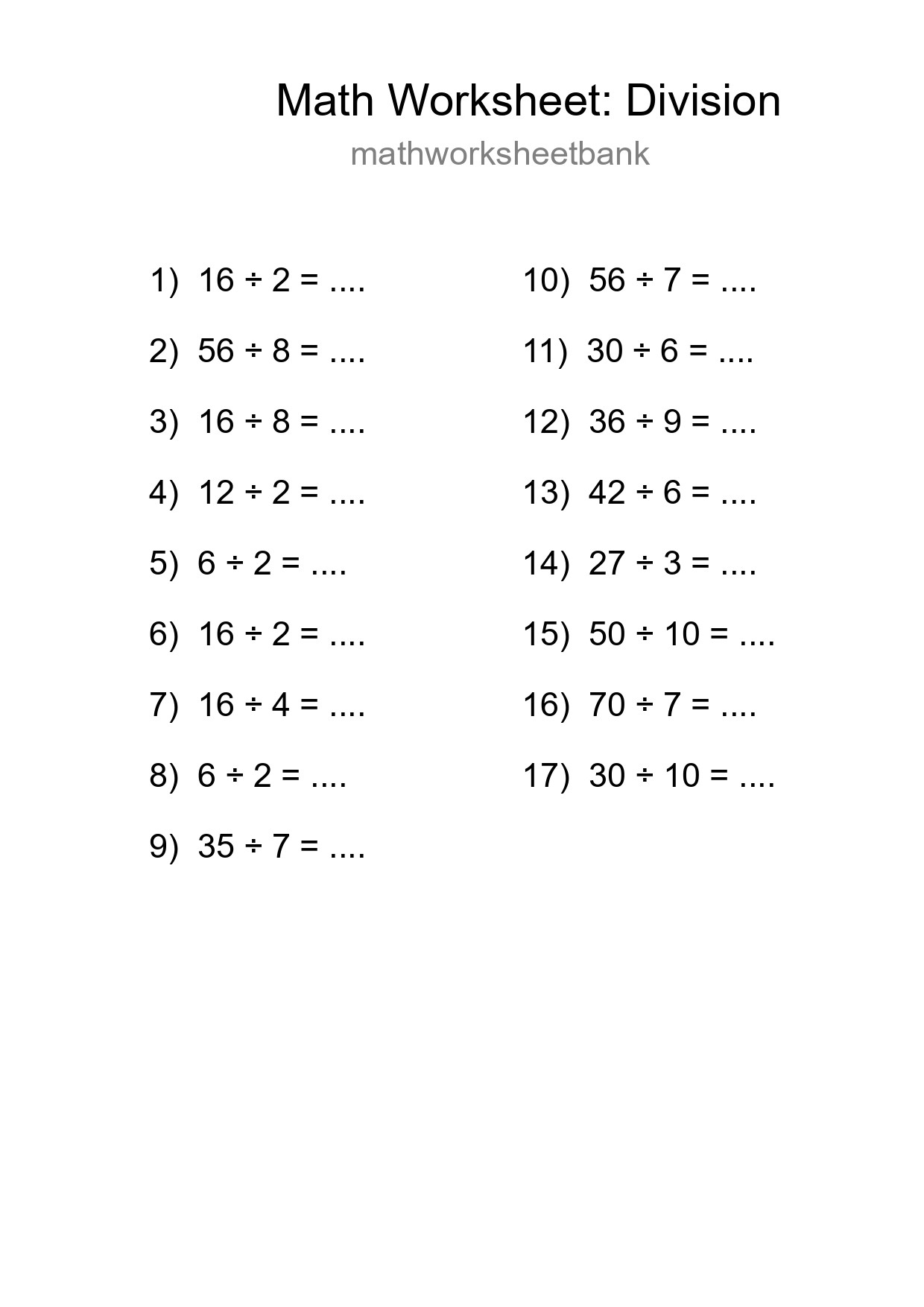 Free 17 Division Math Worksheet For Grade 1 - Part 224