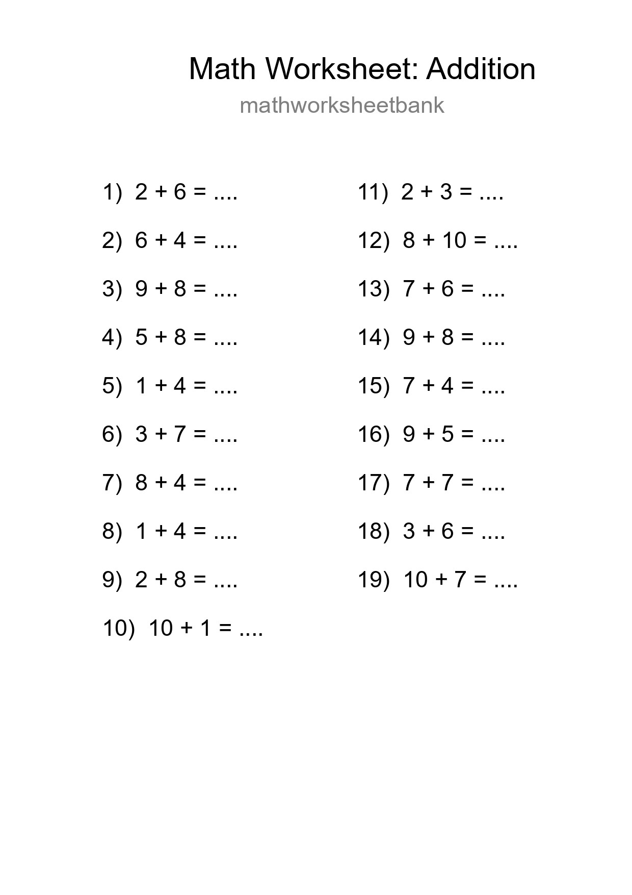 Free 19 Addition Math Worksheet For Grade 1 With Answers - Part 181