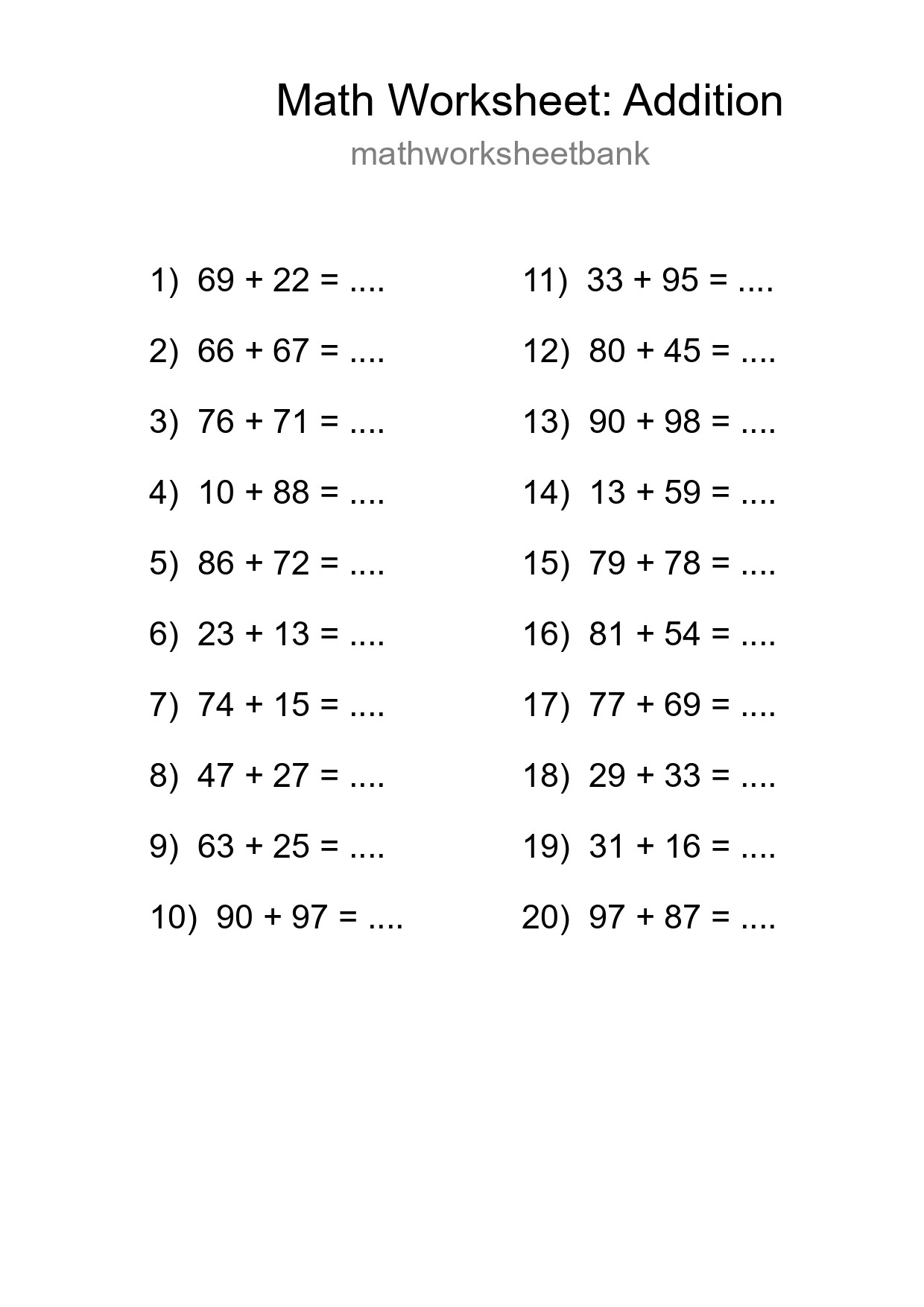 Free 20 Addition Math Worksheet For Grade 3 - Part 211