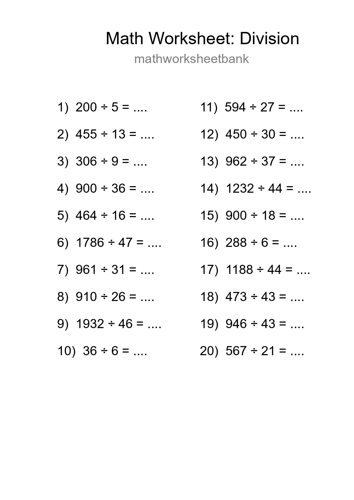 Free 20 Division Math Worksheet For Grade 2 With Answers - Part 174