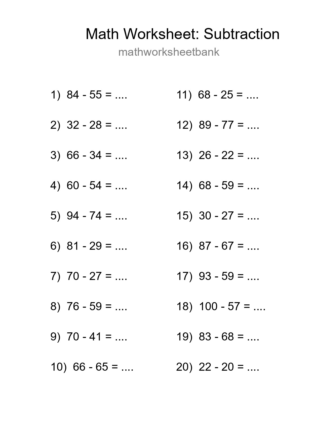 Free 20 Subtraction Math Worksheet For Grade 3 - Part 128