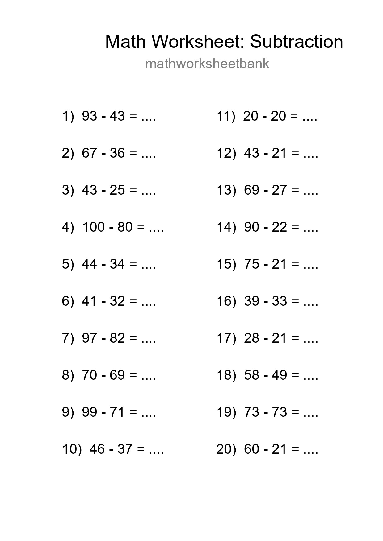 Free 20 Subtraction Math Worksheet For Grade 3 - Part 28