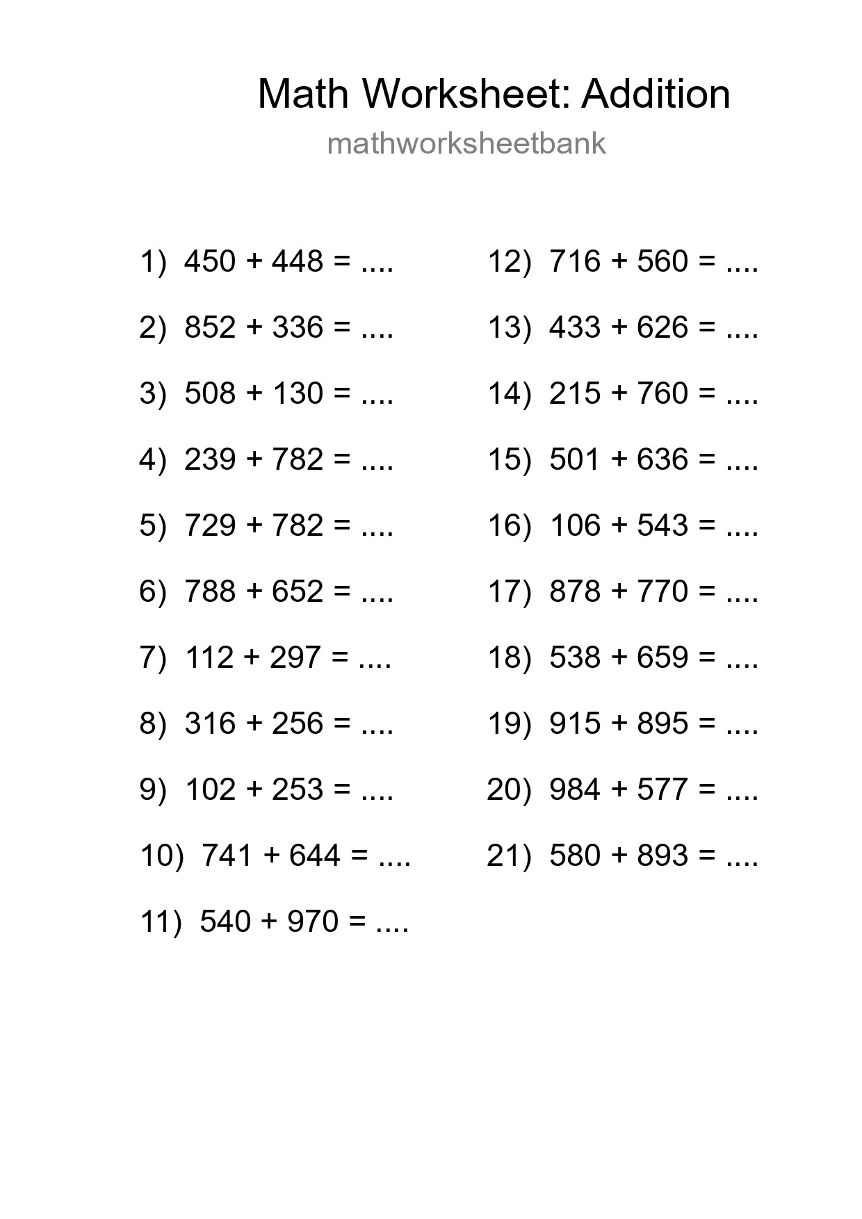 Free 21 Addition Math Worksheet For Grade 5 With Answers - Part 111