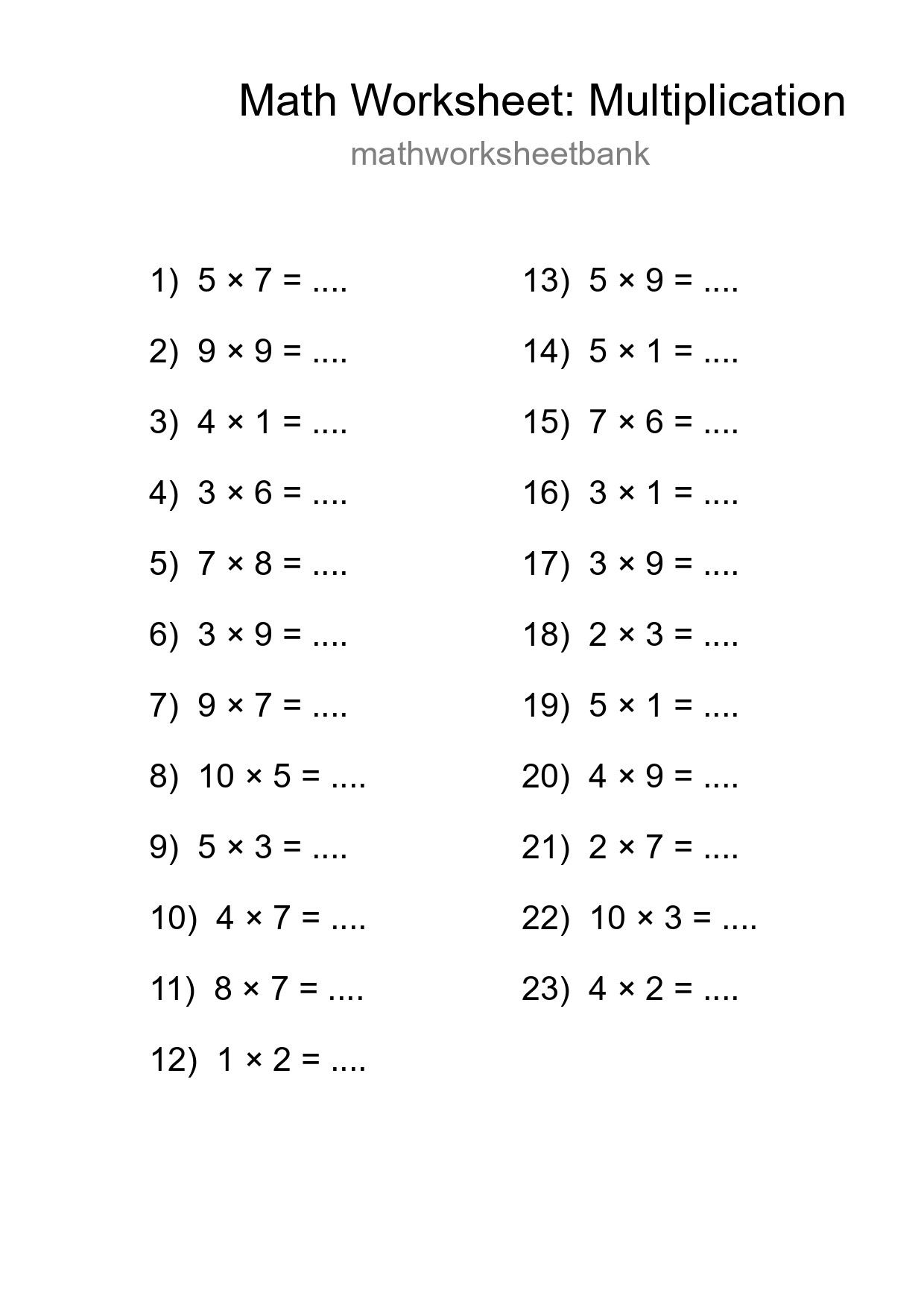 Free 23 Multiplication Math Worksheet For Grade 1 With Answers - Part 187