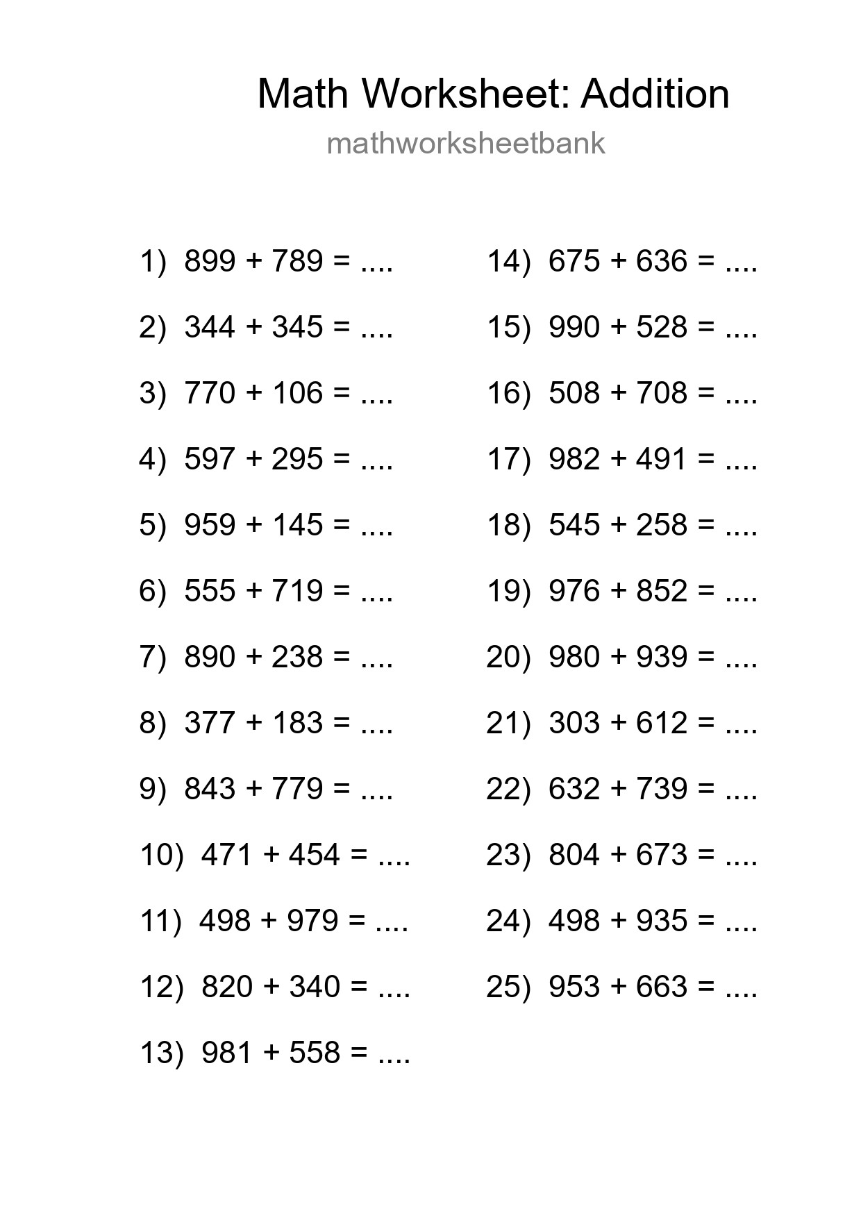 Free 25 Addition Math Worksheet For Grade 5 - Part 191