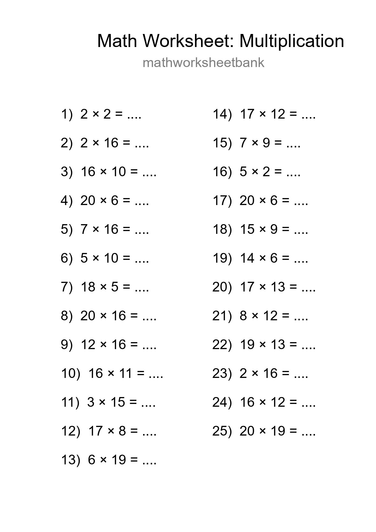 Free 25 Multiplication Math Worksheet For Grade 2 - Part 97