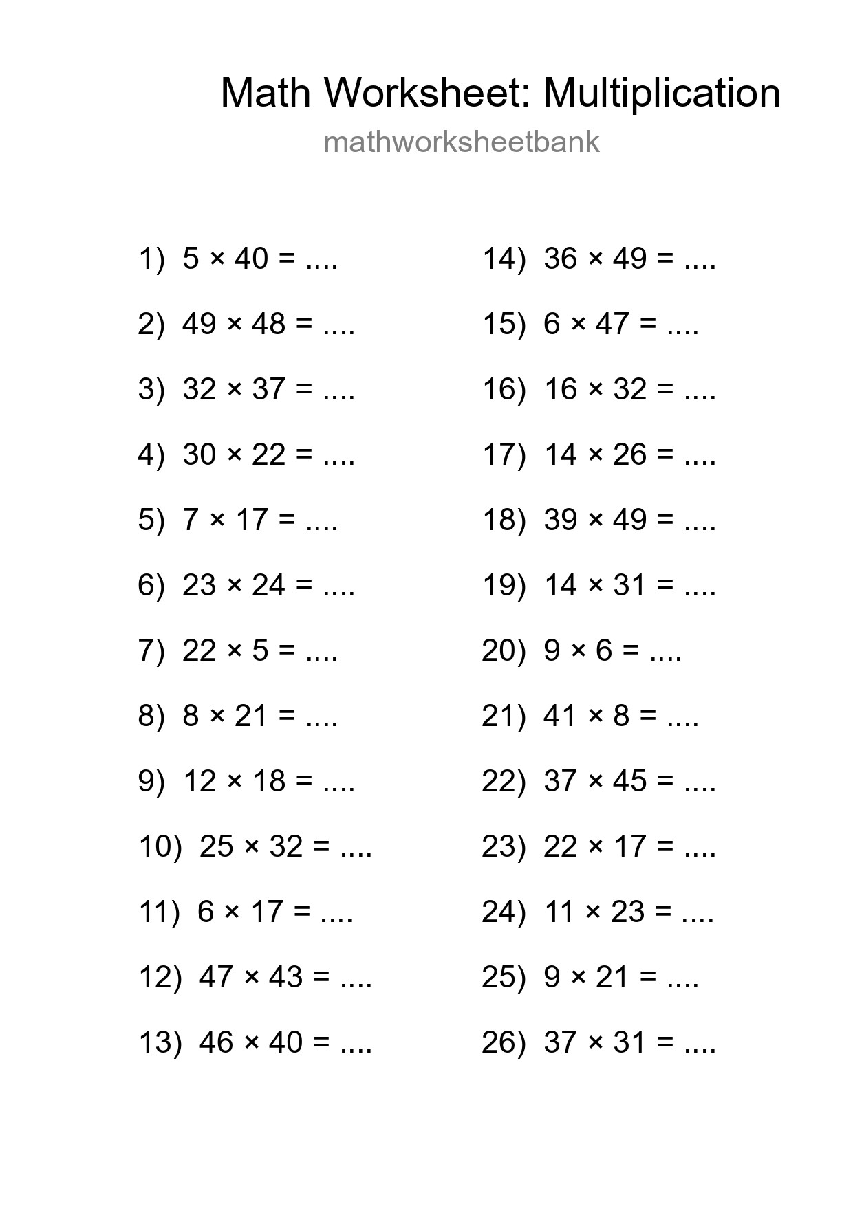 Free 26 Multiplication Math Worksheet For Grade 2 - Part 217