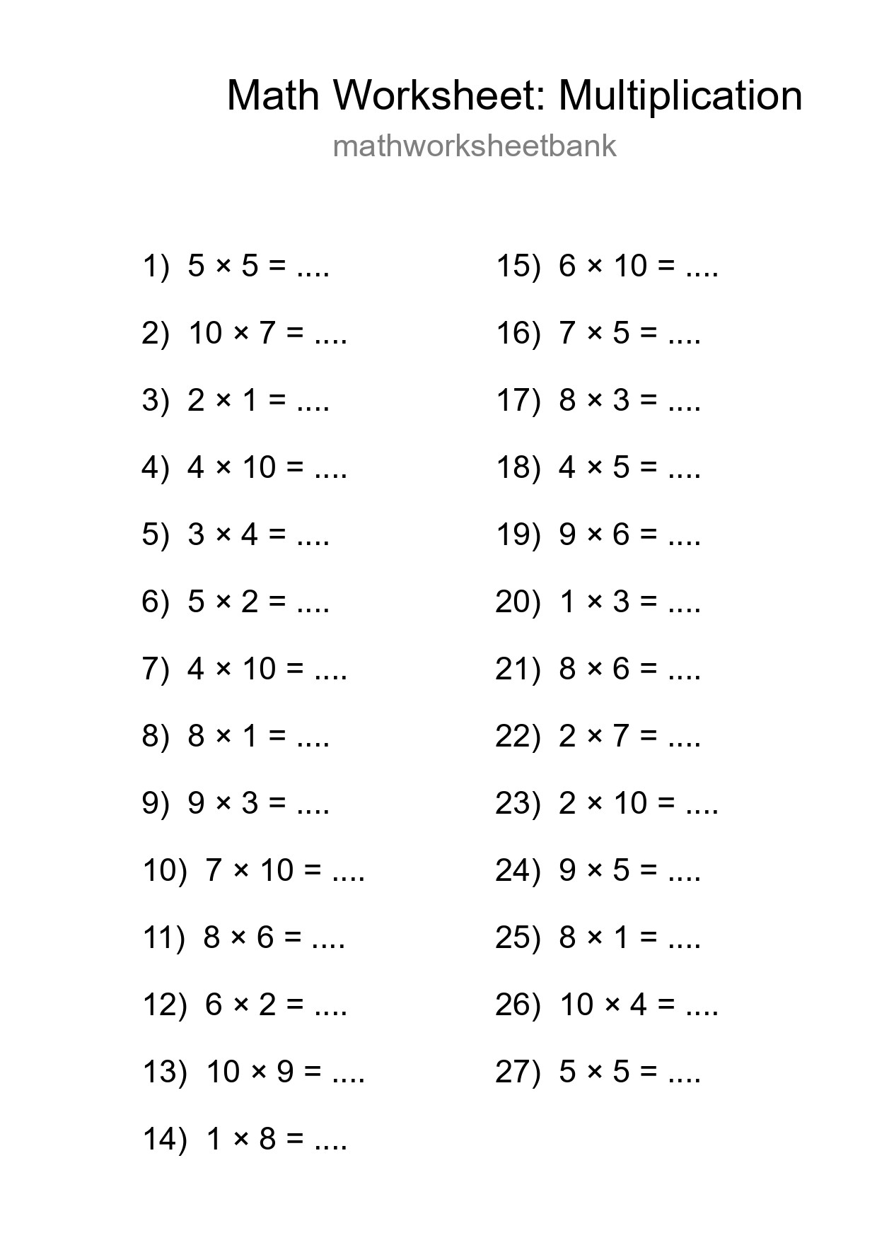 Free 27 Multiplication Math Worksheet For Grade 1 With Answers - Part 227