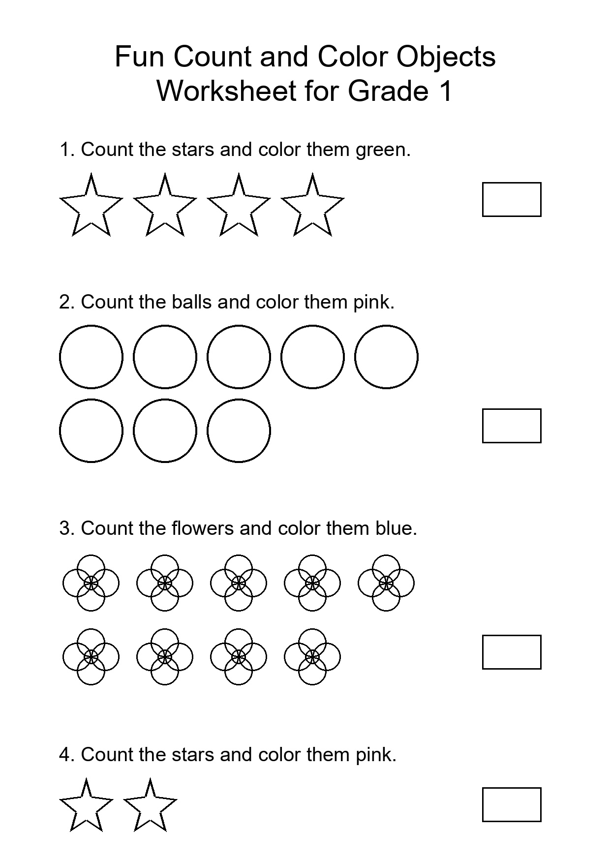 Fun Count and Color Objects Worksheet for Grade 1