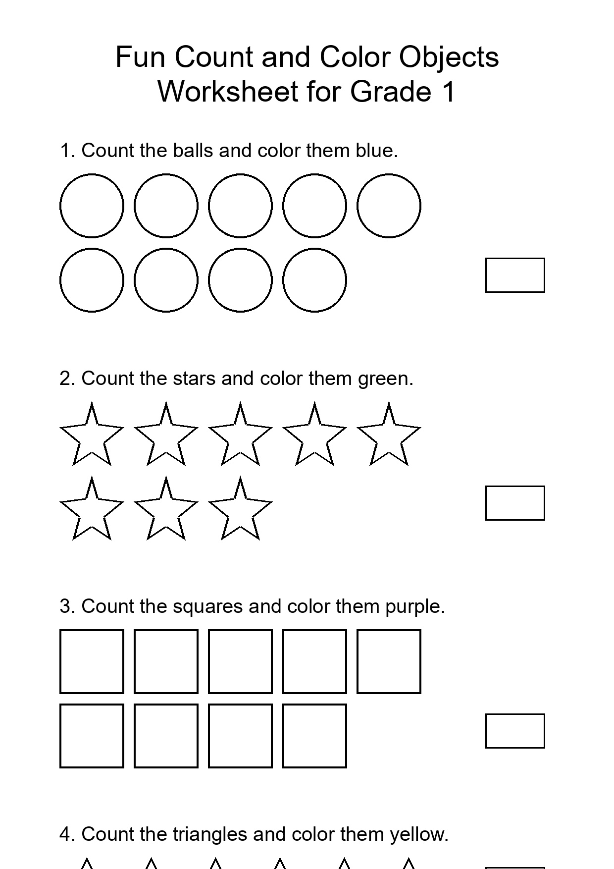 Fun Count and Color Objects Worksheet for Grade 1