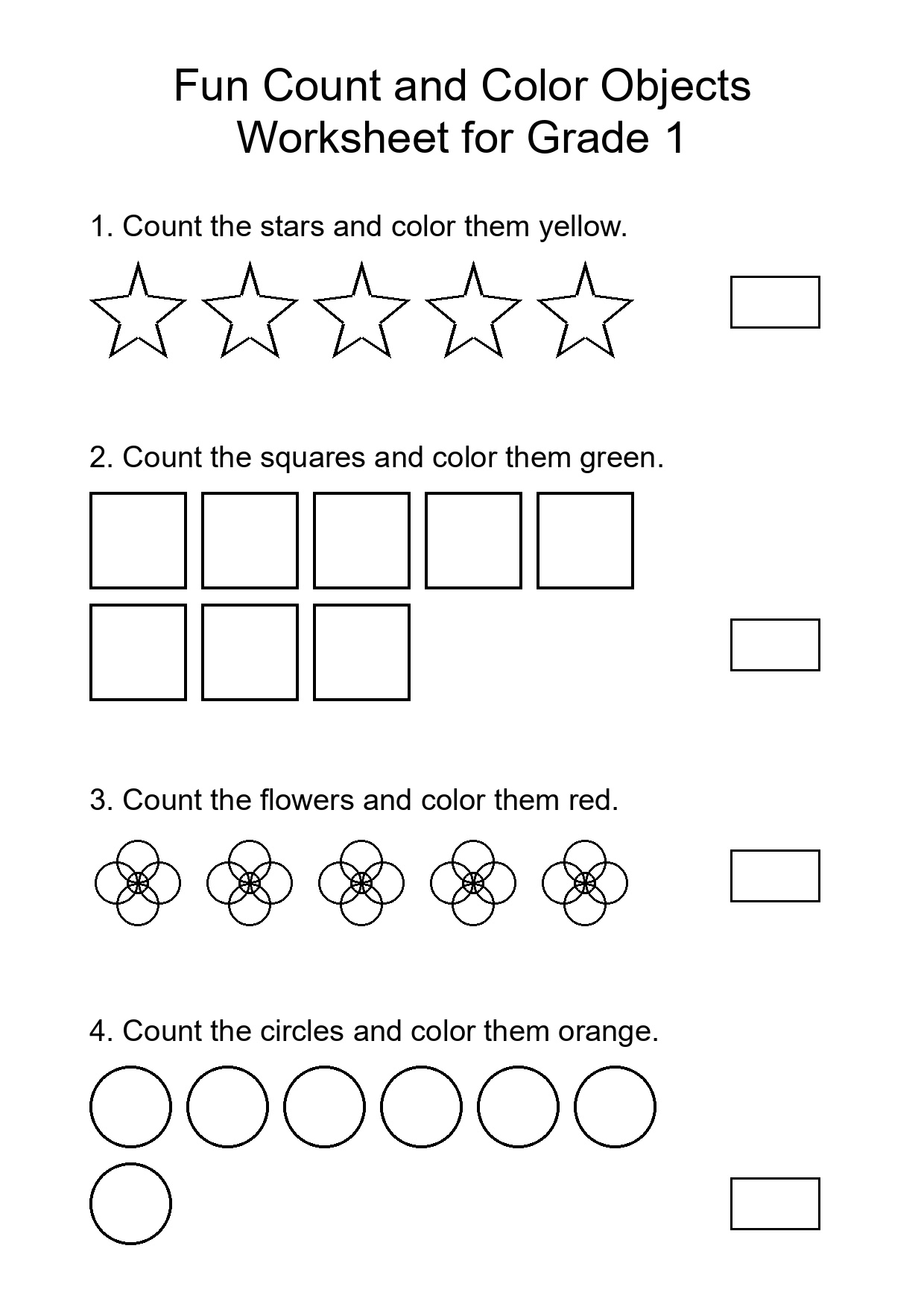 Fun Count and Color Objects Worksheet for Grade 1