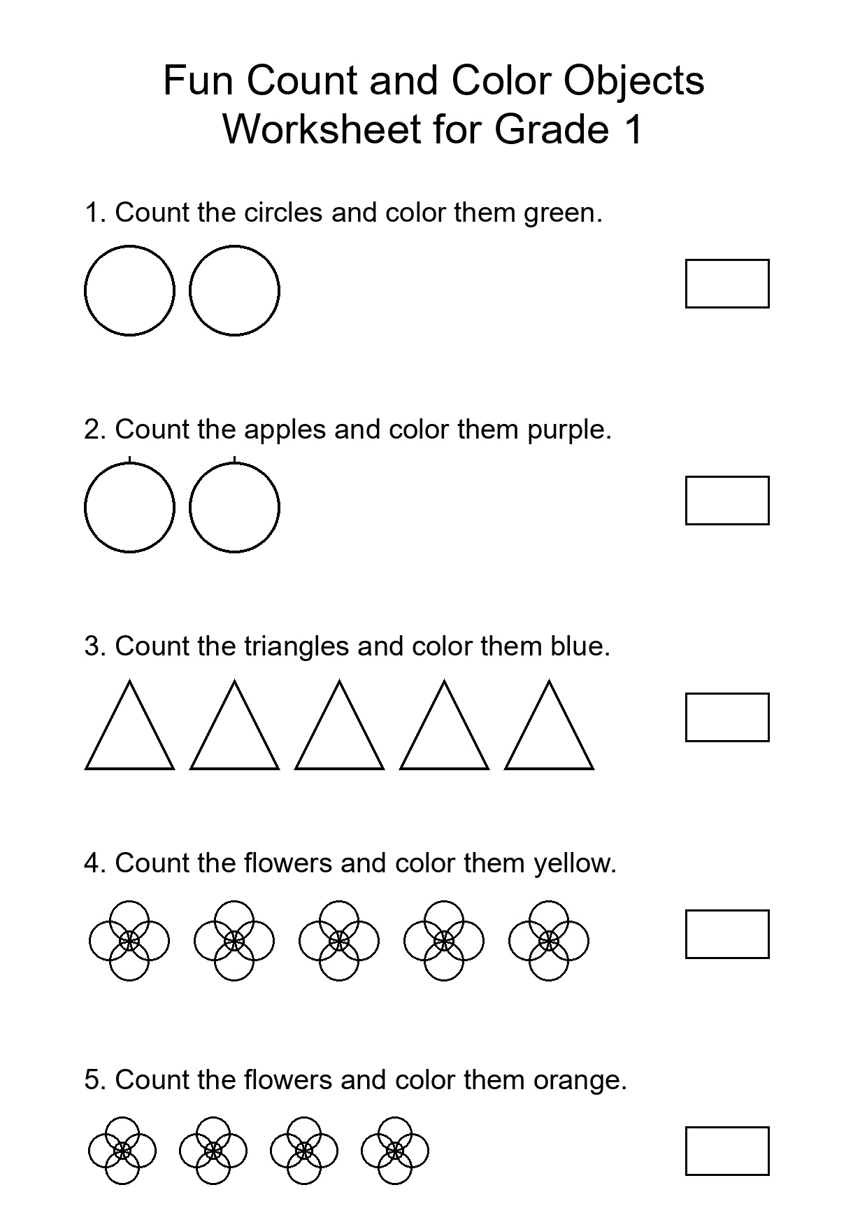 Fun Count and Color Objects Worksheet for Grade 1