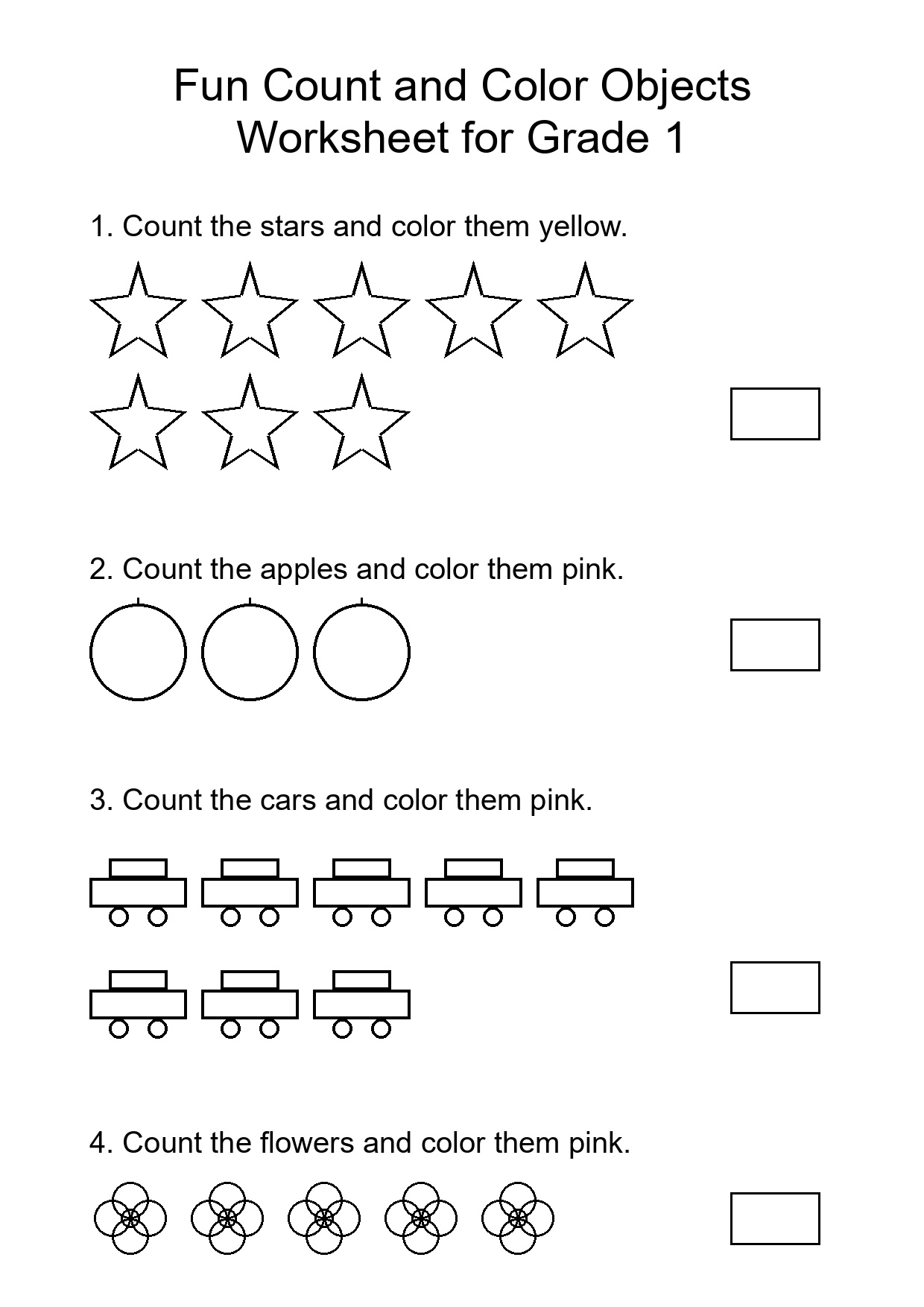Fun Count and Color Objects Worksheet for Grade 1