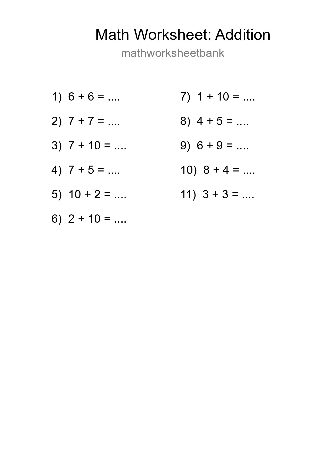 Grade 1 Addition Practice Worksheet (11 Problems) - Part 81