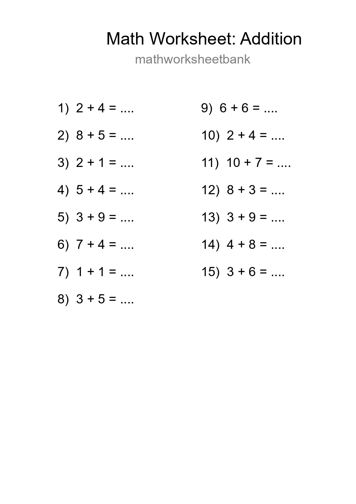 Grade 1 Addition Practice Worksheet (15 Problems) - Part 141