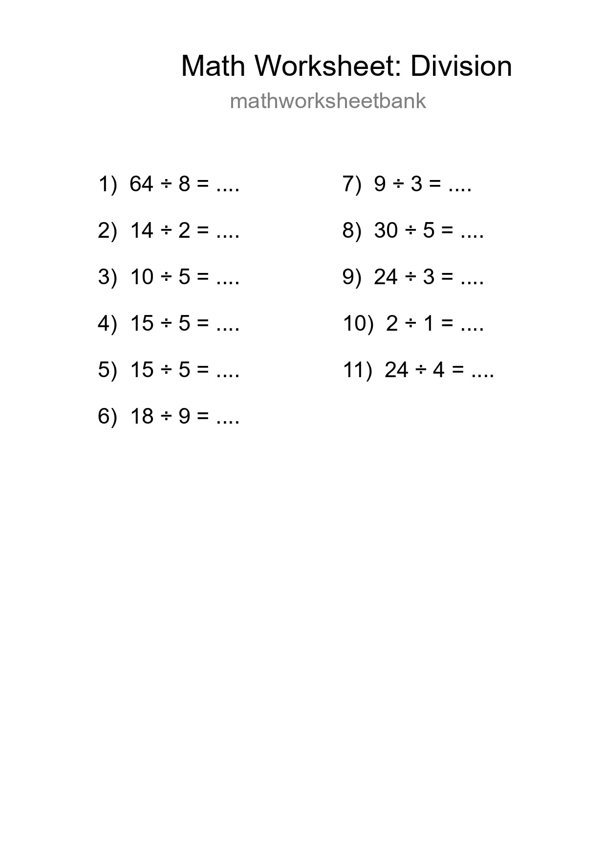 Grade 1 Division Practice Worksheet (11 Problems) - Part 194