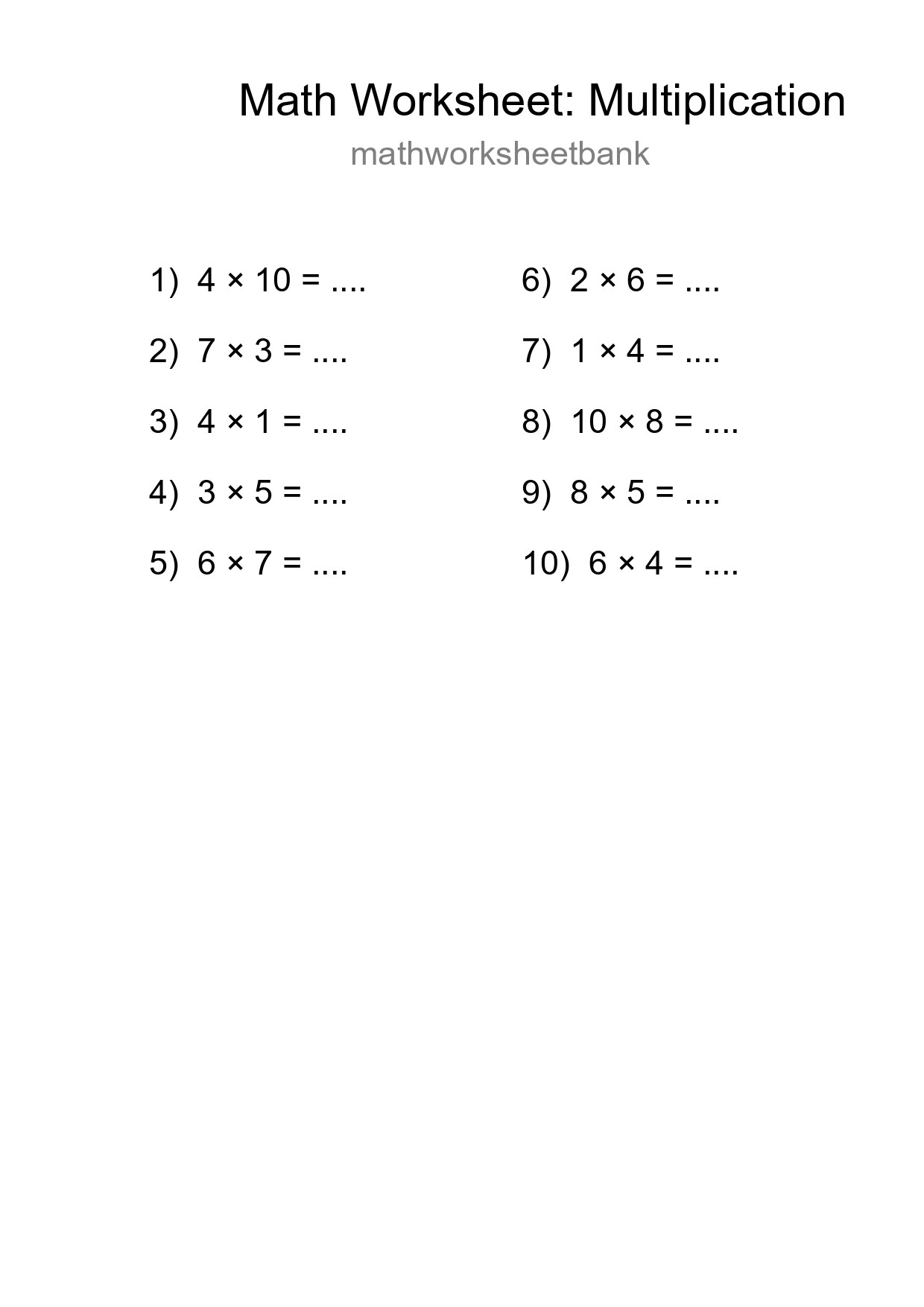 Grade 1 Multiplication Practice Worksheet (10 Problems) - Part 117