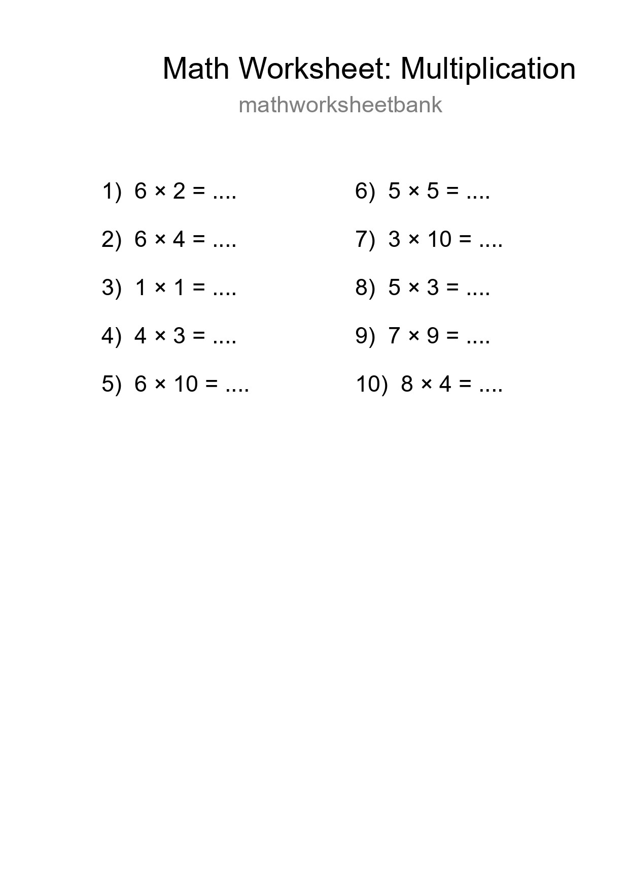 Grade 1 Multiplication Practice Worksheet (10 Problems) - Part 157