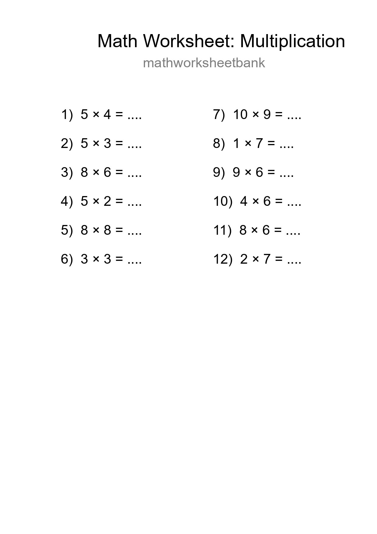 Grade 1 Multiplication Practice Worksheet (12 Problems) - Part 167