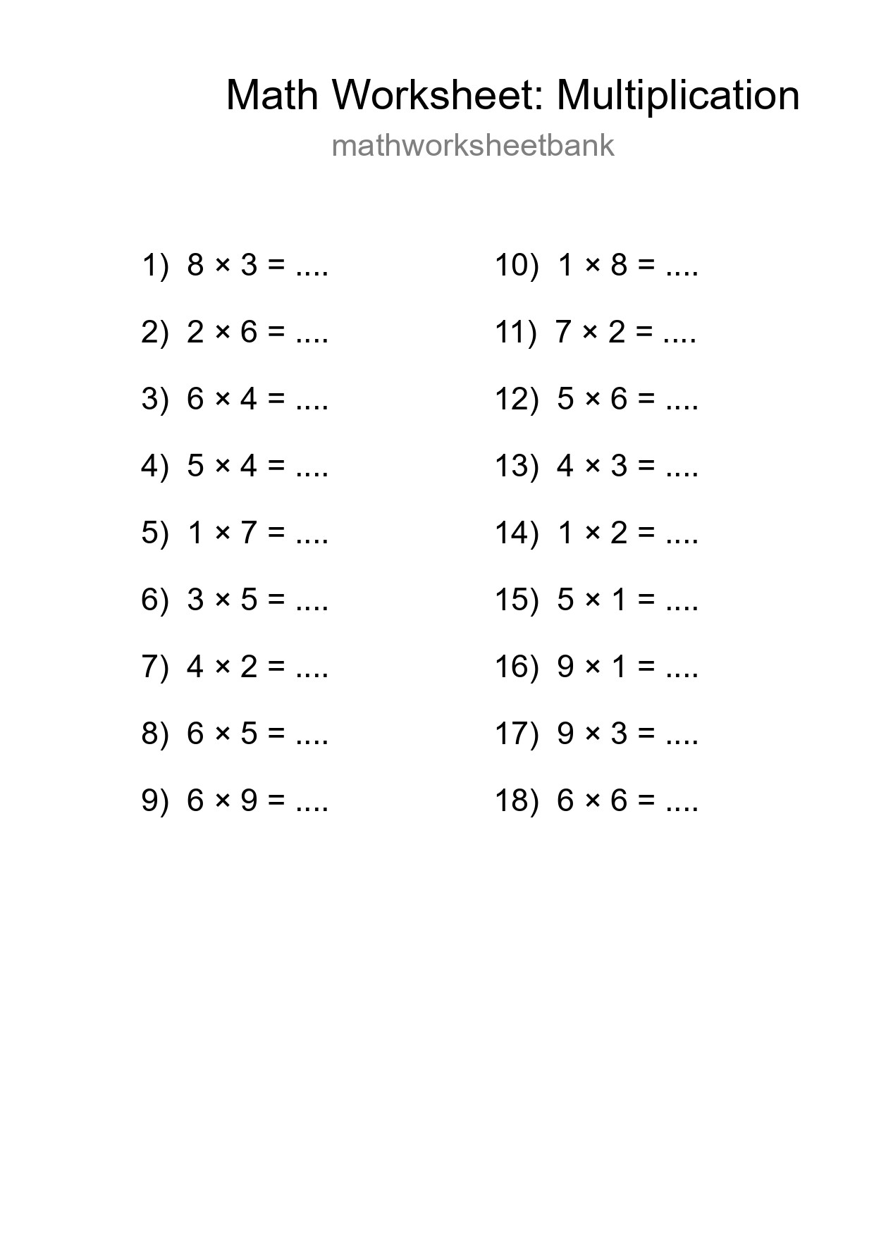 Grade 1 Multiplication Practice Worksheet (18 Problems) - Part 127
