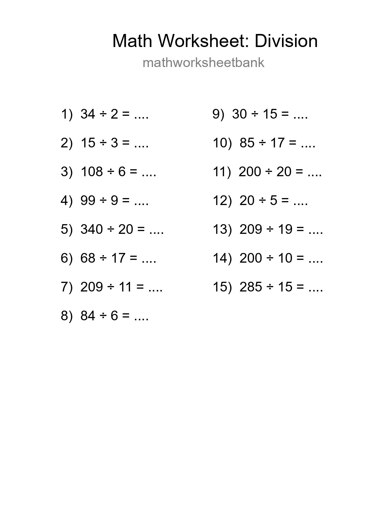 Grade 2 Division Practice Worksheet (15 Problems) - Part 14
