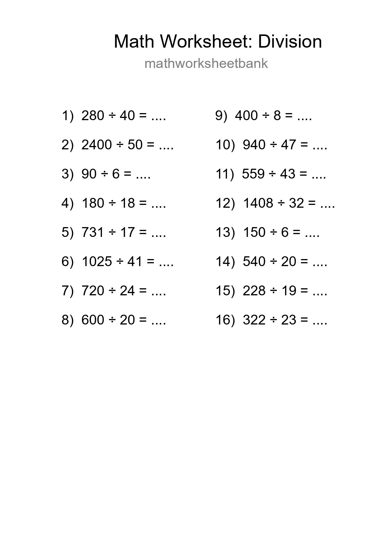 Grade 2 Division Practice Worksheet (16 Problems) - Part 134