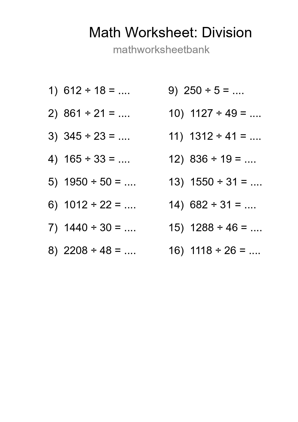 Grade 2 Division Practice Worksheet (16 Problems) - Part 64
