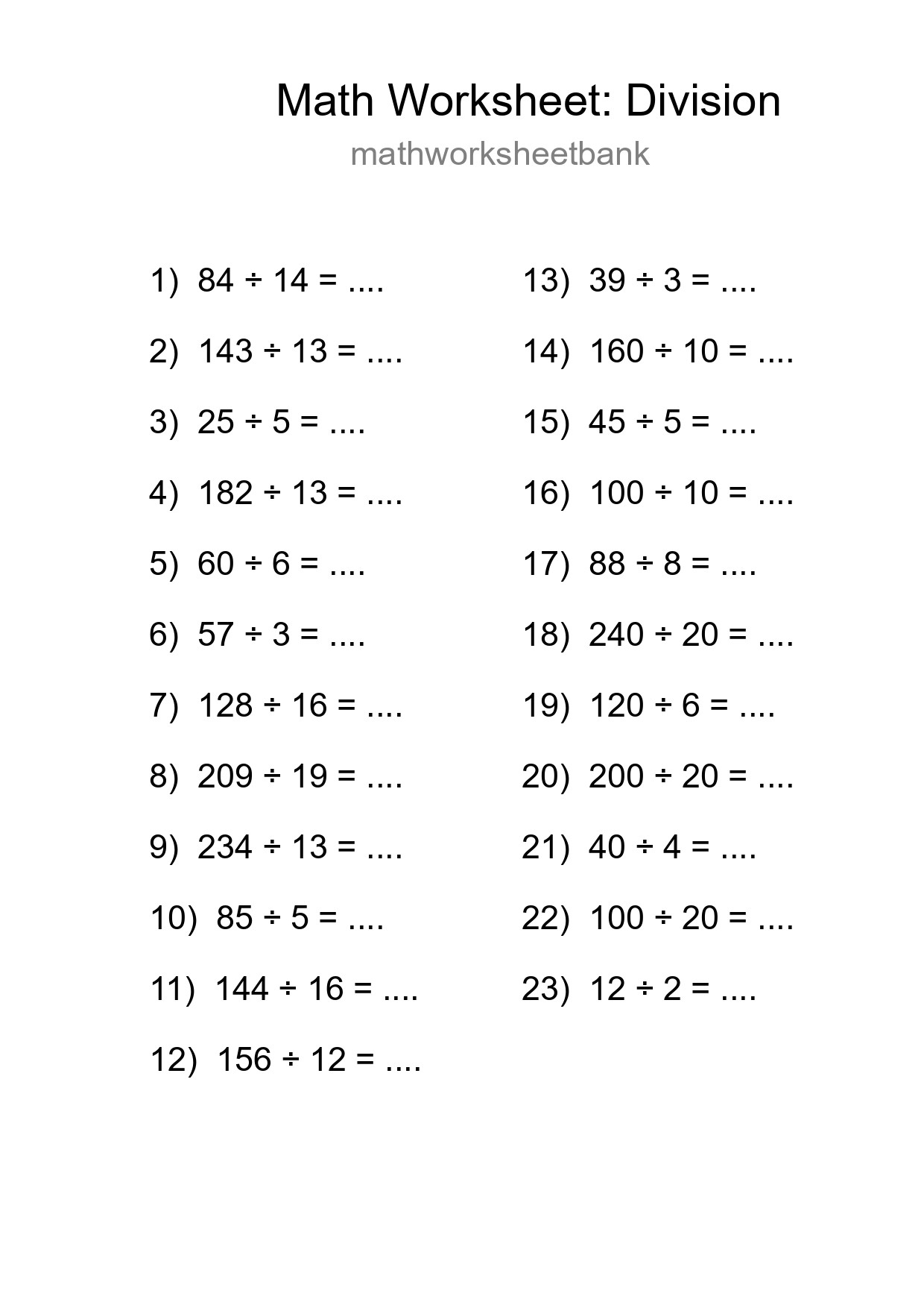 Grade 2 Division Practice Worksheet (23 Problems) - Part 24