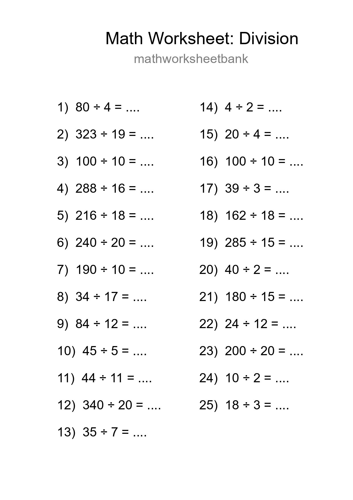 Grade 2 Division Practice Worksheet (25 Problems) - Part 124