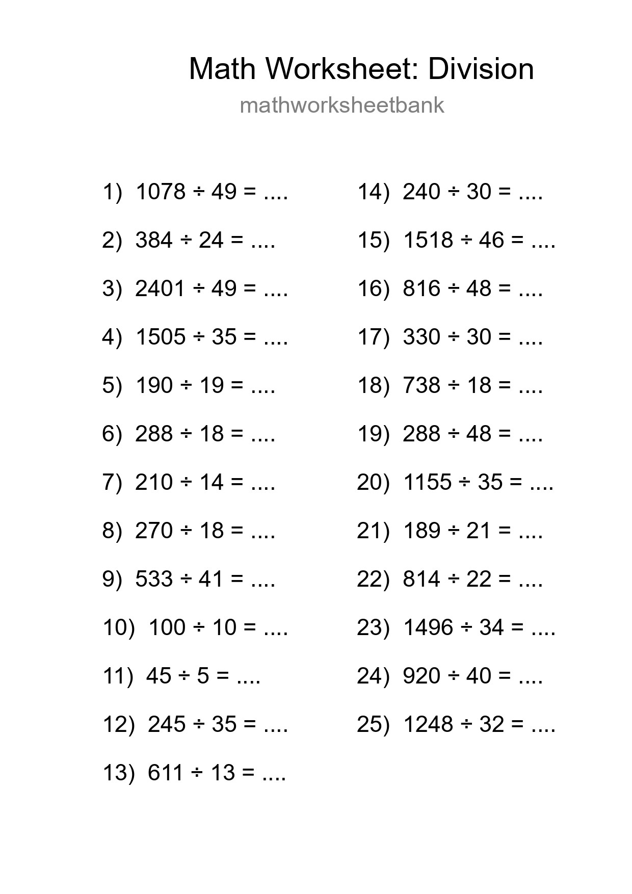 Grade 2 Division Practice Worksheet (25 Problems) - Part 254