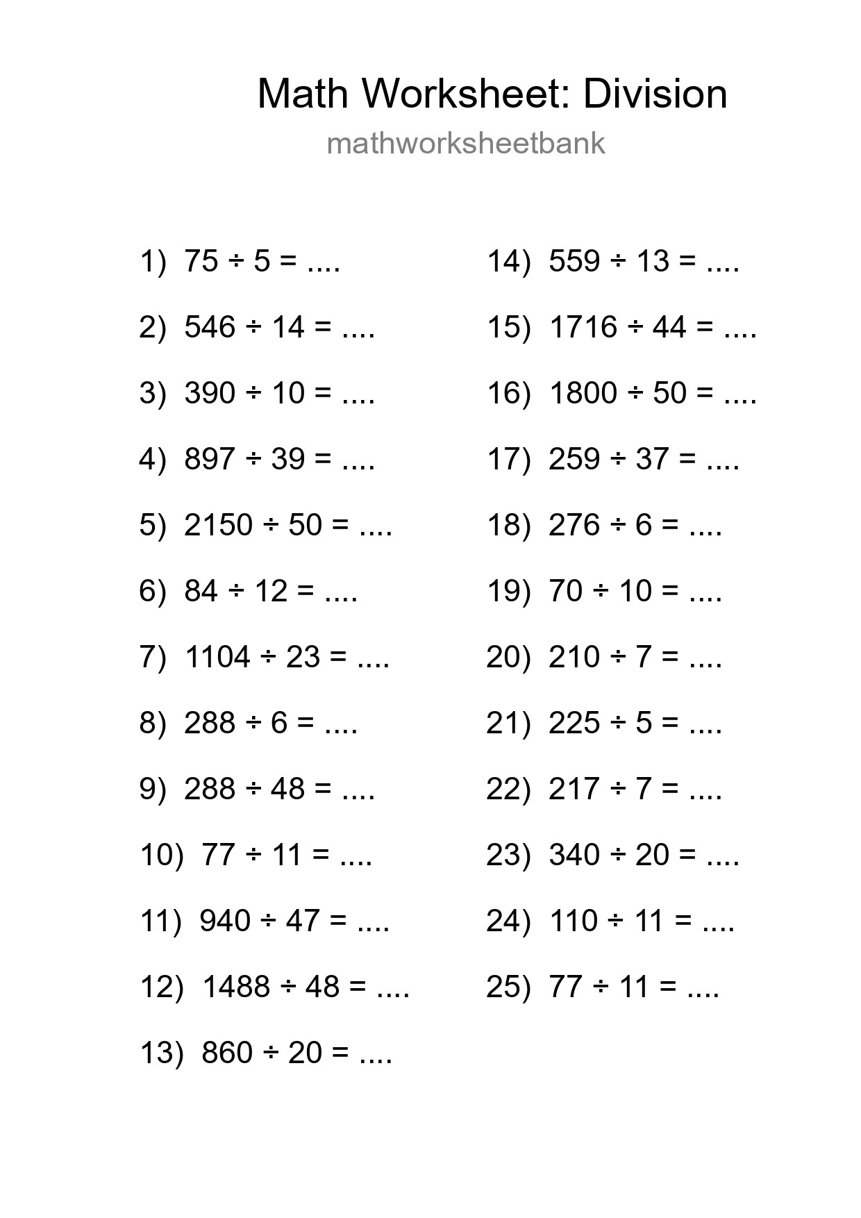 Grade 2 Division Practice Worksheet (25 Problems) - Part 264