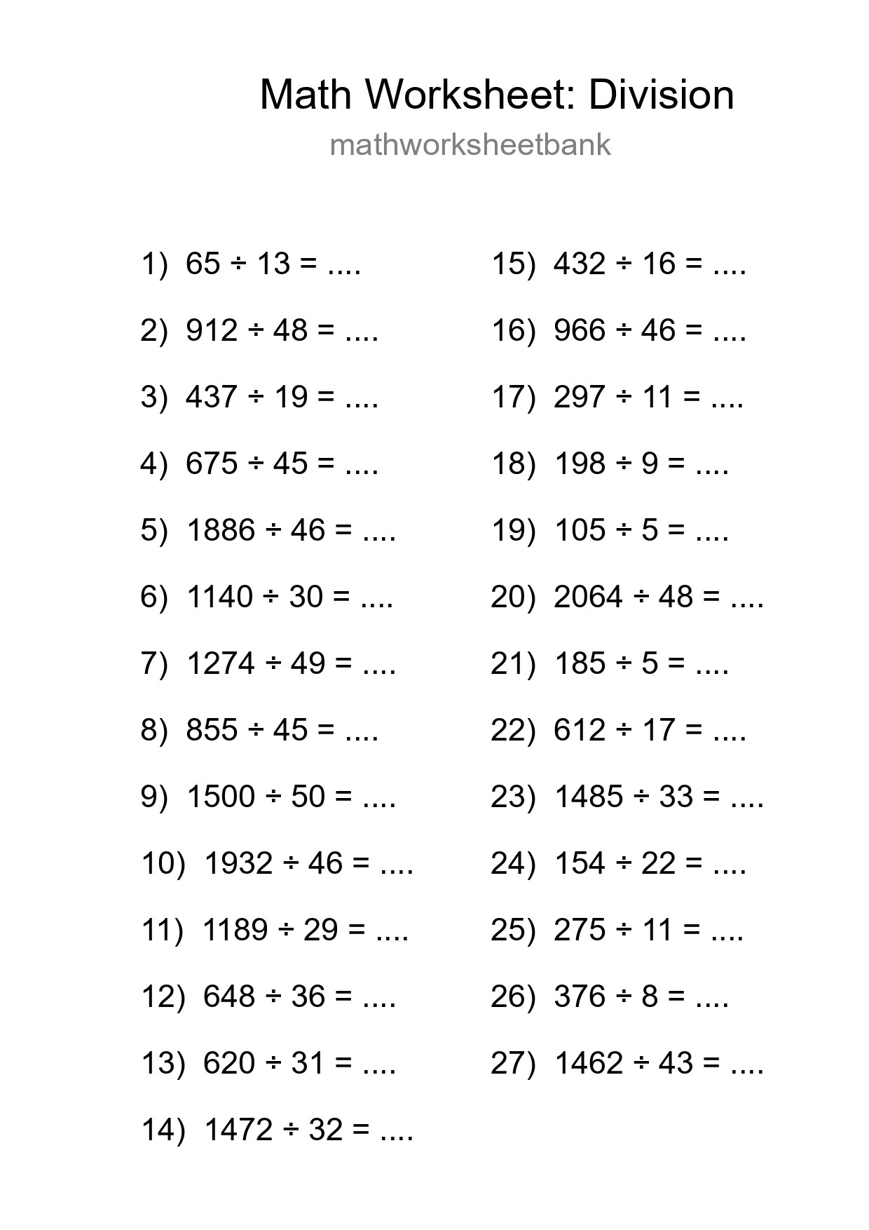 Grade 2 Division Practice Worksheet (27 Problems) - Part 154