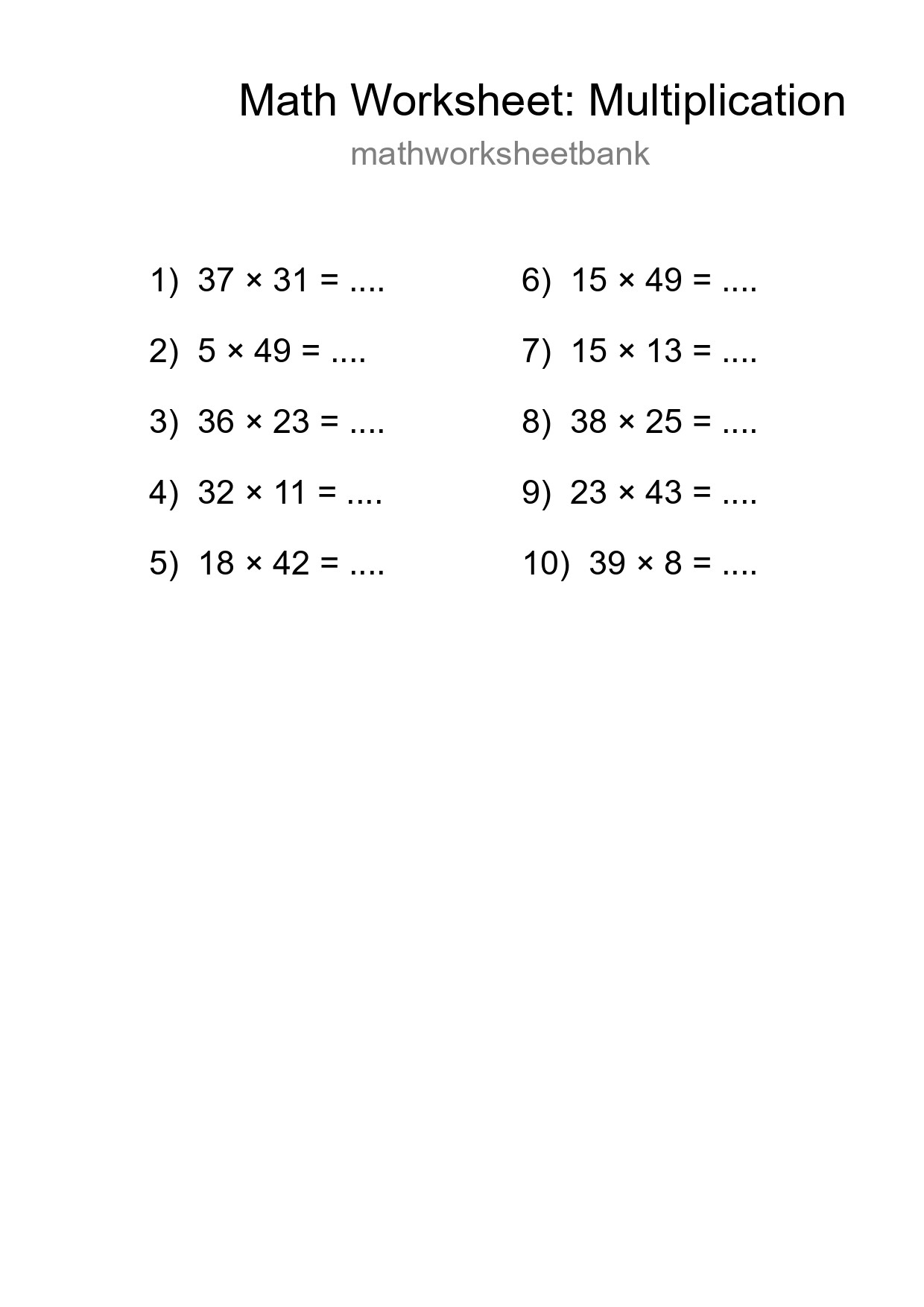 Grade 2 Multiplication Practice Worksheet (10 Problems) - Part 77