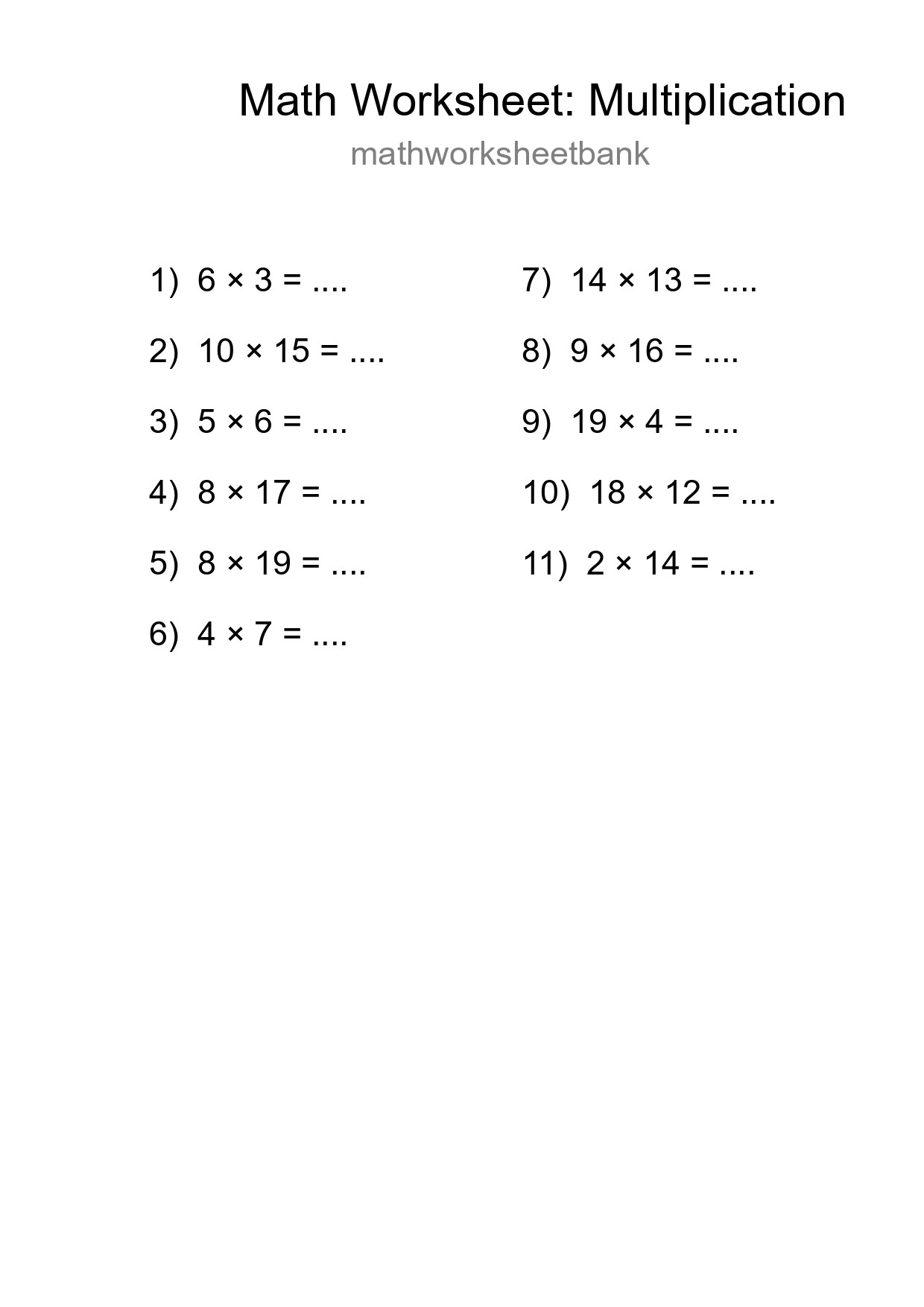 Grade 2 Multiplication Practice Worksheet (11 Problems) - Part 247