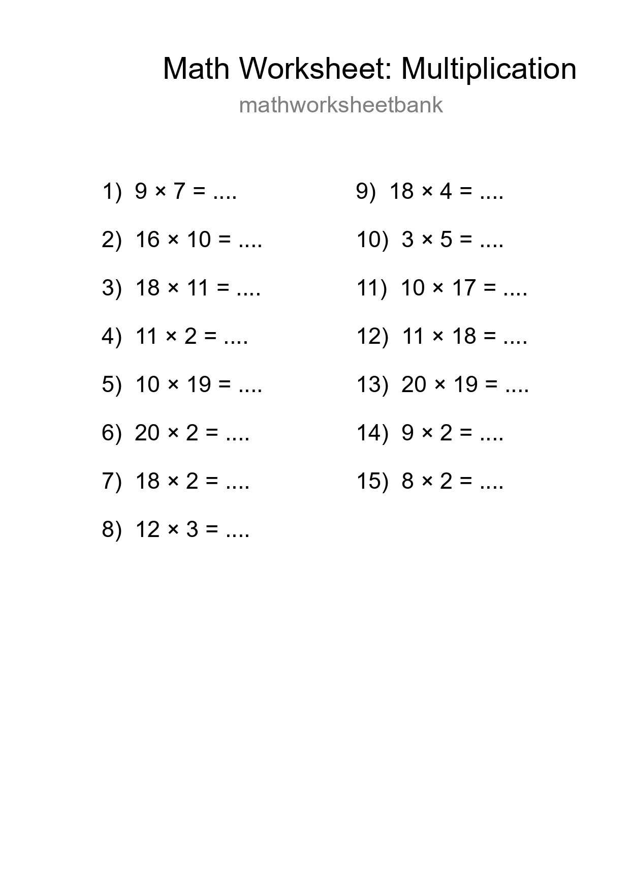 Grade 2 Multiplication Practice Worksheet (15 Problems) - Part 137